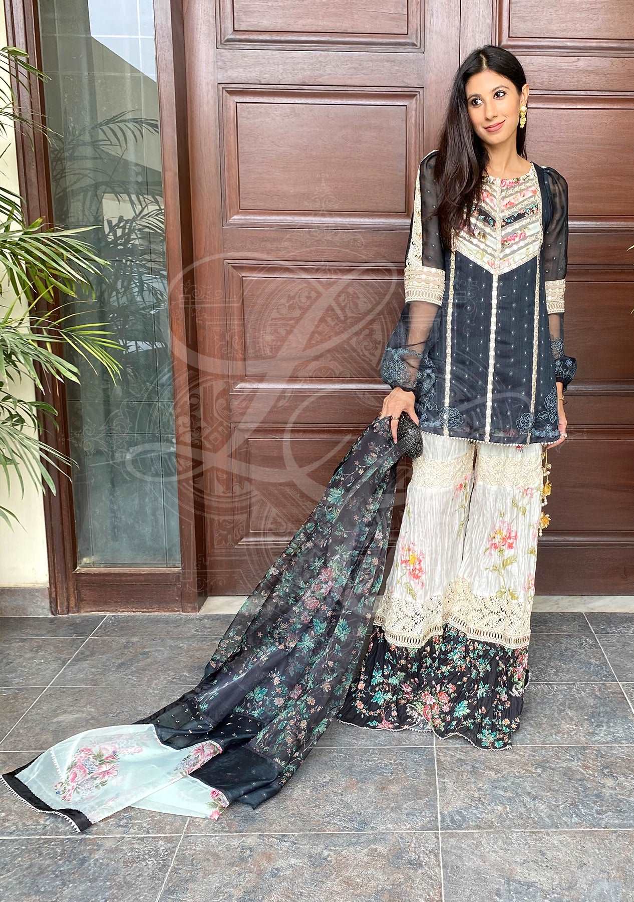 Grey beige tunic with crushed gharara and dupatta