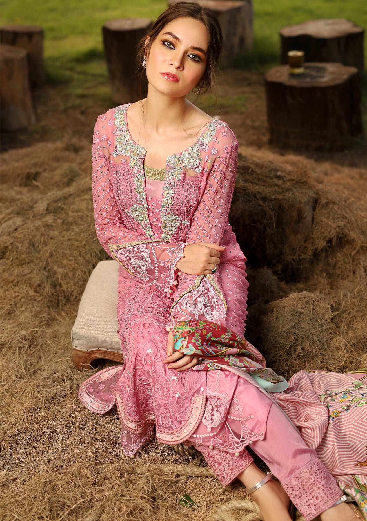 Rose pink chikanakari top with pants and printed dupatta
