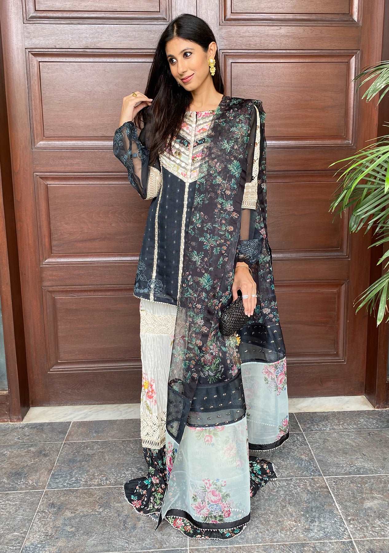 Grey beige tunic with crushed gharara and dupatta