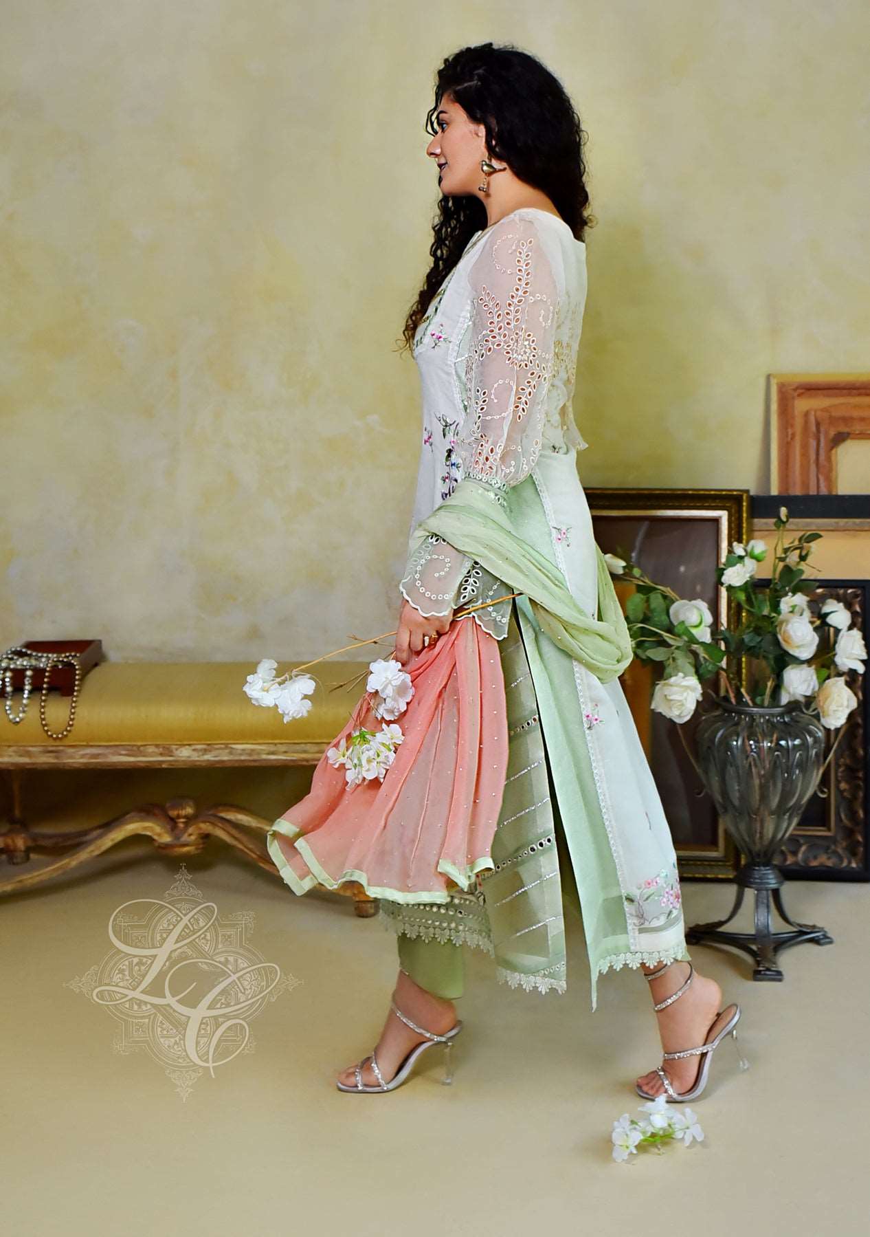 Off white and green kalidar with a tulip shalwar and chiffon dupatta