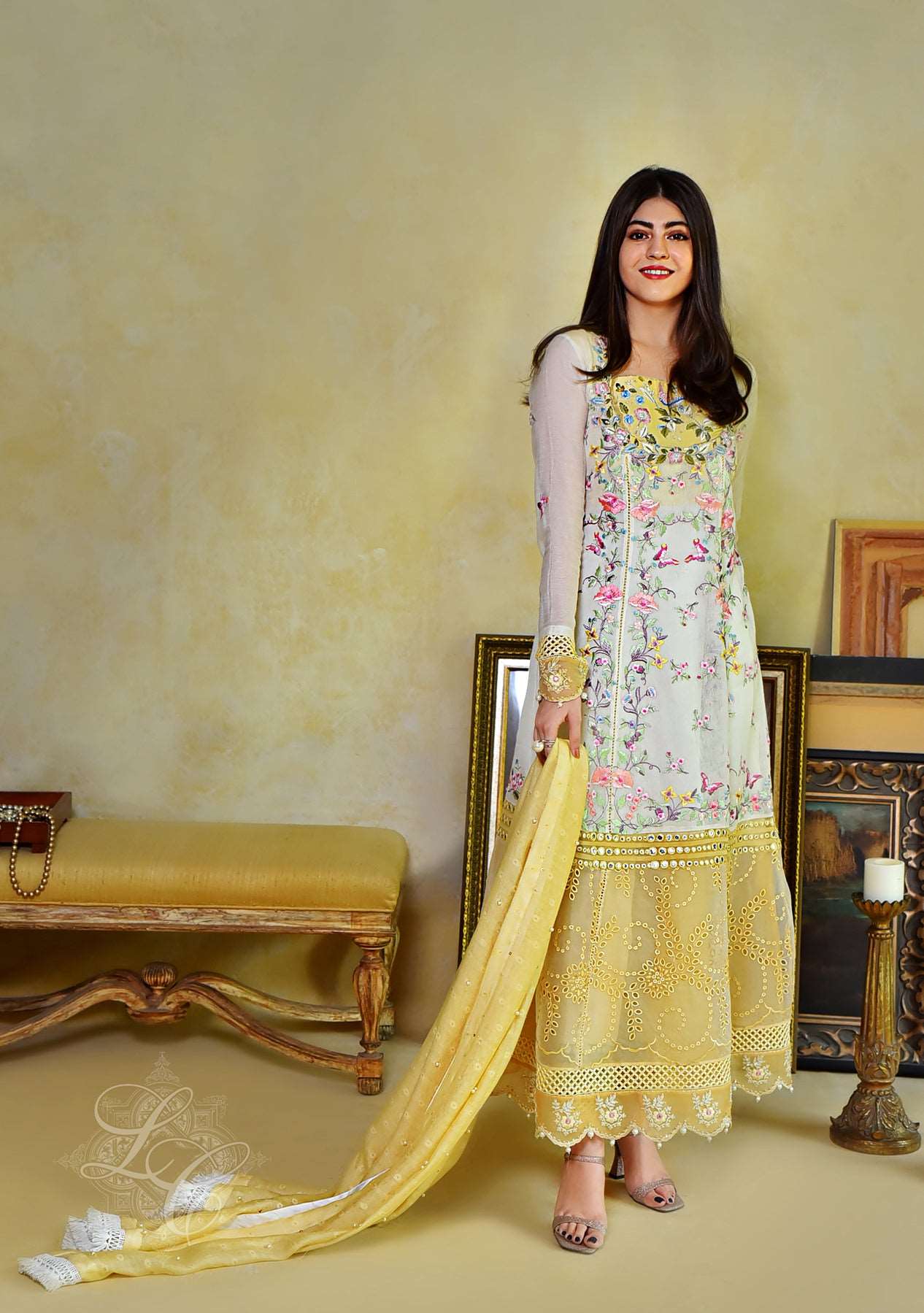 Off white and yellow peshwas with straight pants and dupatta