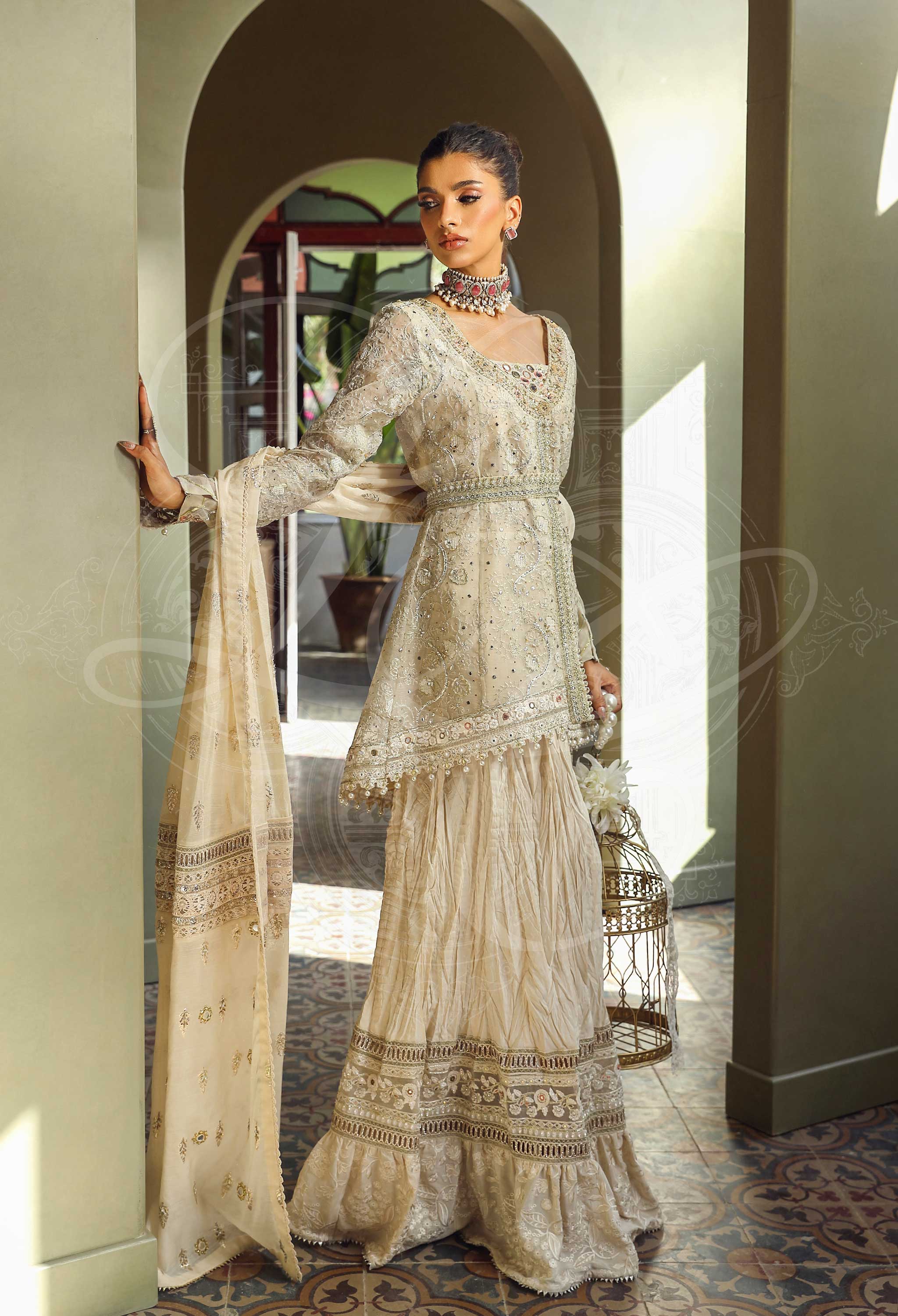Zoya - Chikankari Kaamdaani Peplum Top With Gharara