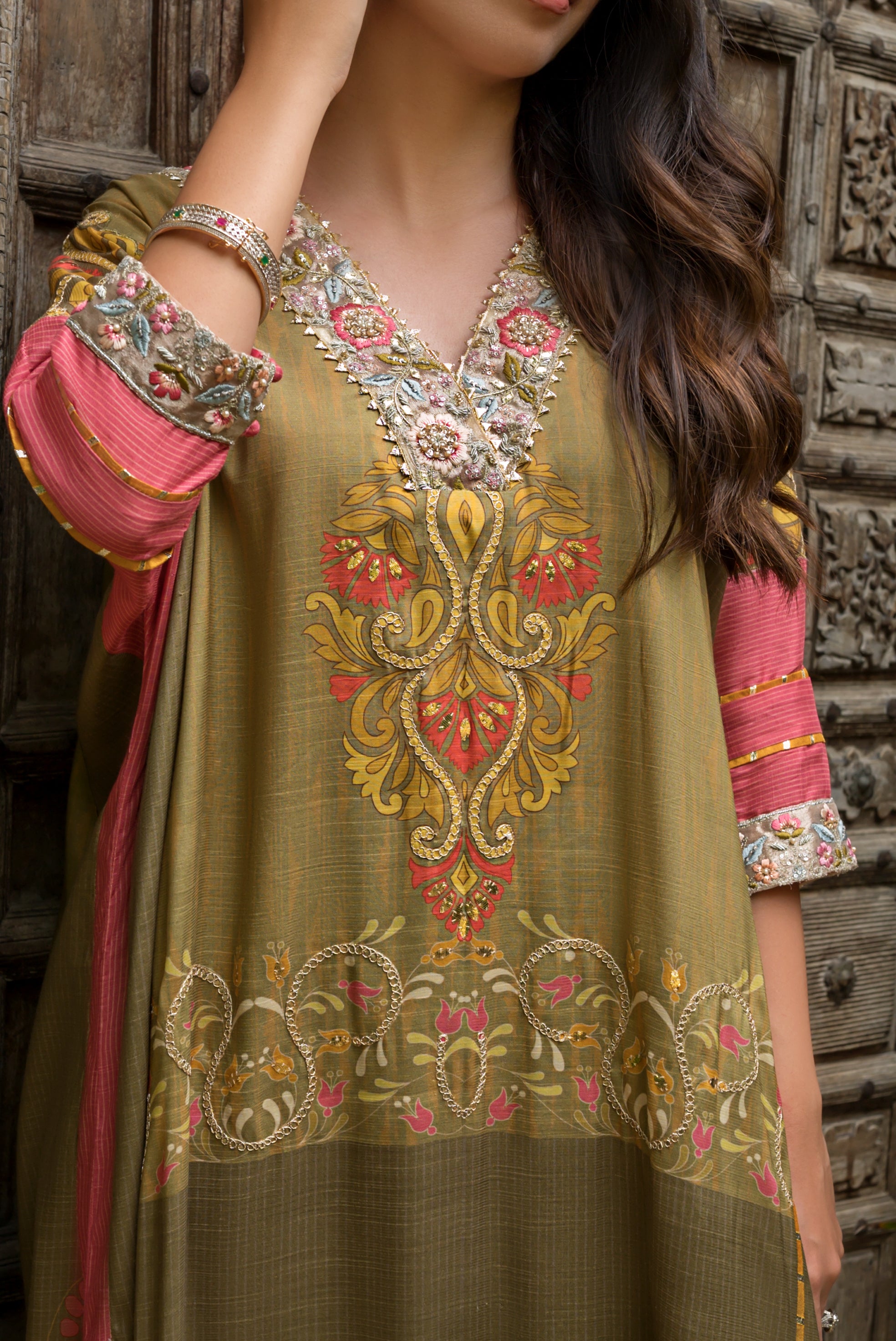 Olive green printed kaftan