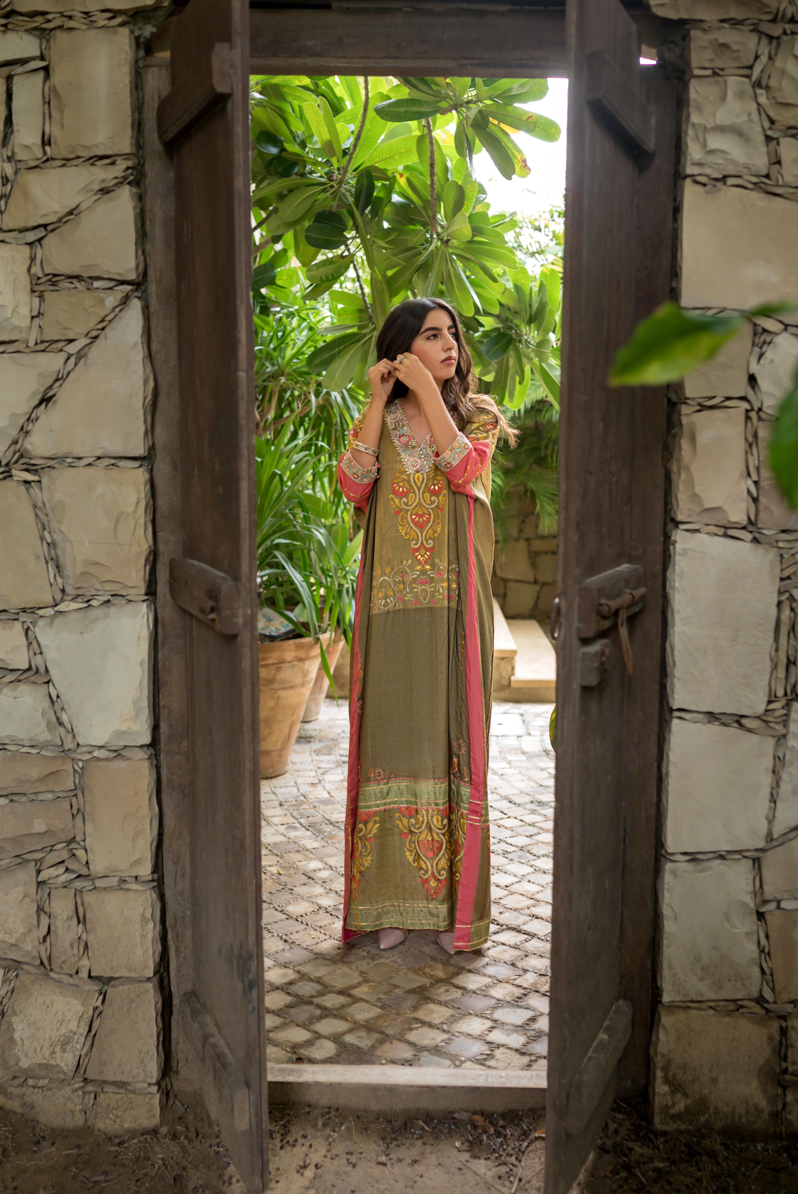 Olive green printed kaftan