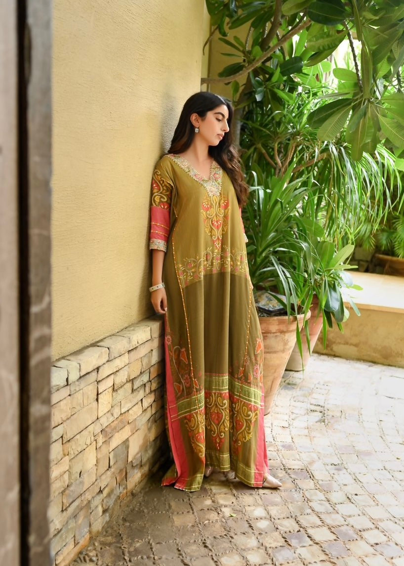 Olive green printed kaftan