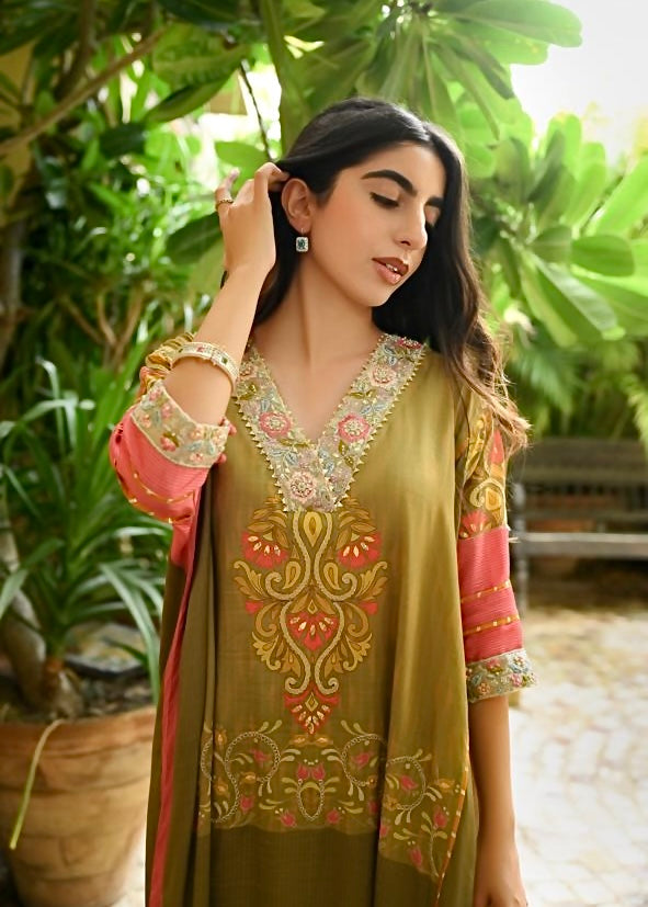 Olive green printed kaftan