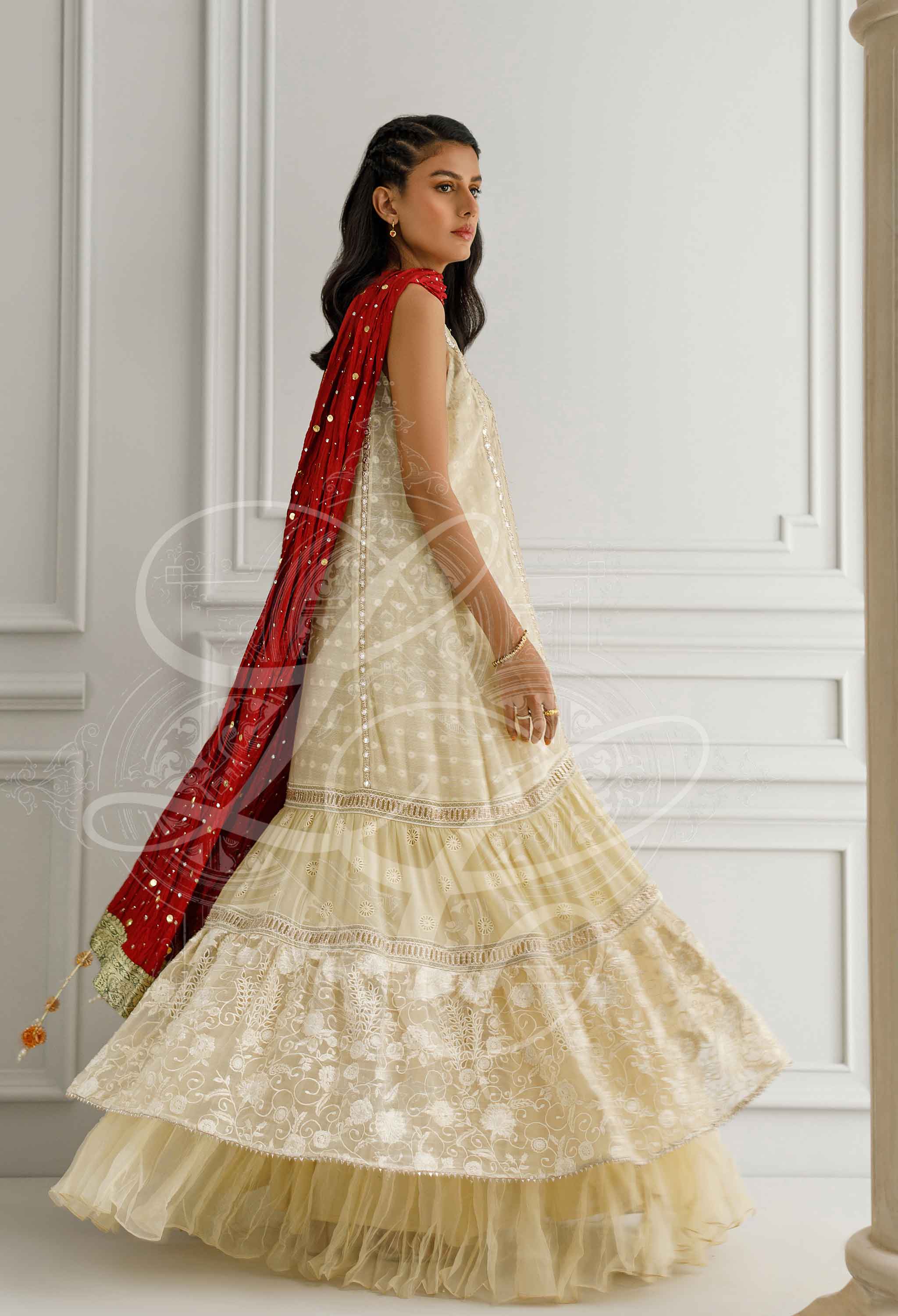 Ivory dress with a crushed lehenga