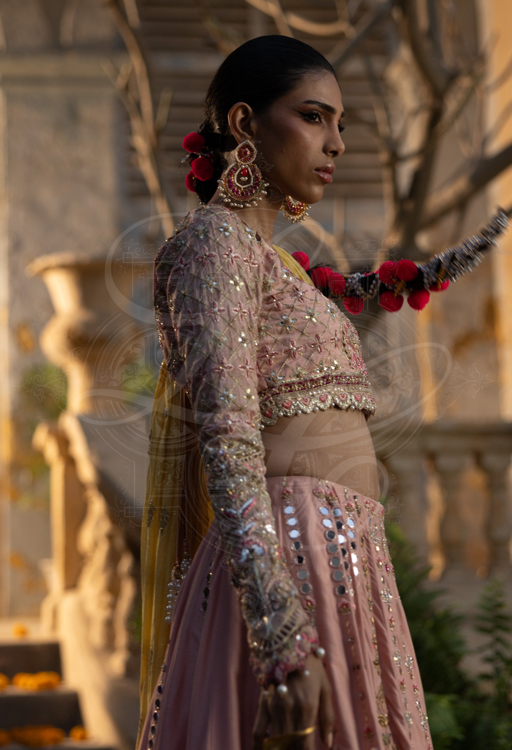 Salmon Pink & Fuchsia Lehenga Set with Mirror Work and Marori Pallou Dupatta