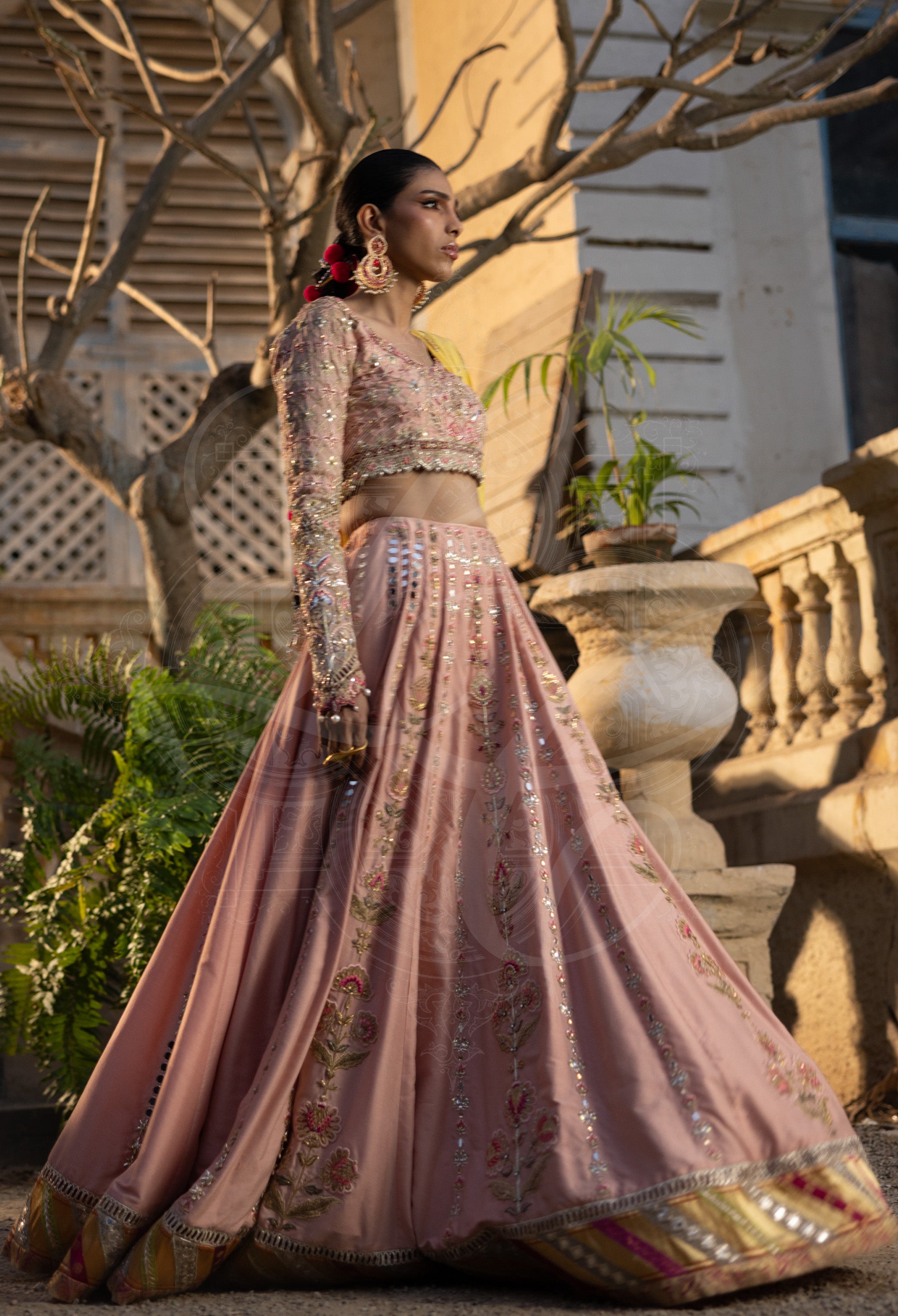 Salmon Pink & Fuchsia Lehenga Set with Mirror Work and Marori Pallou Dupatta