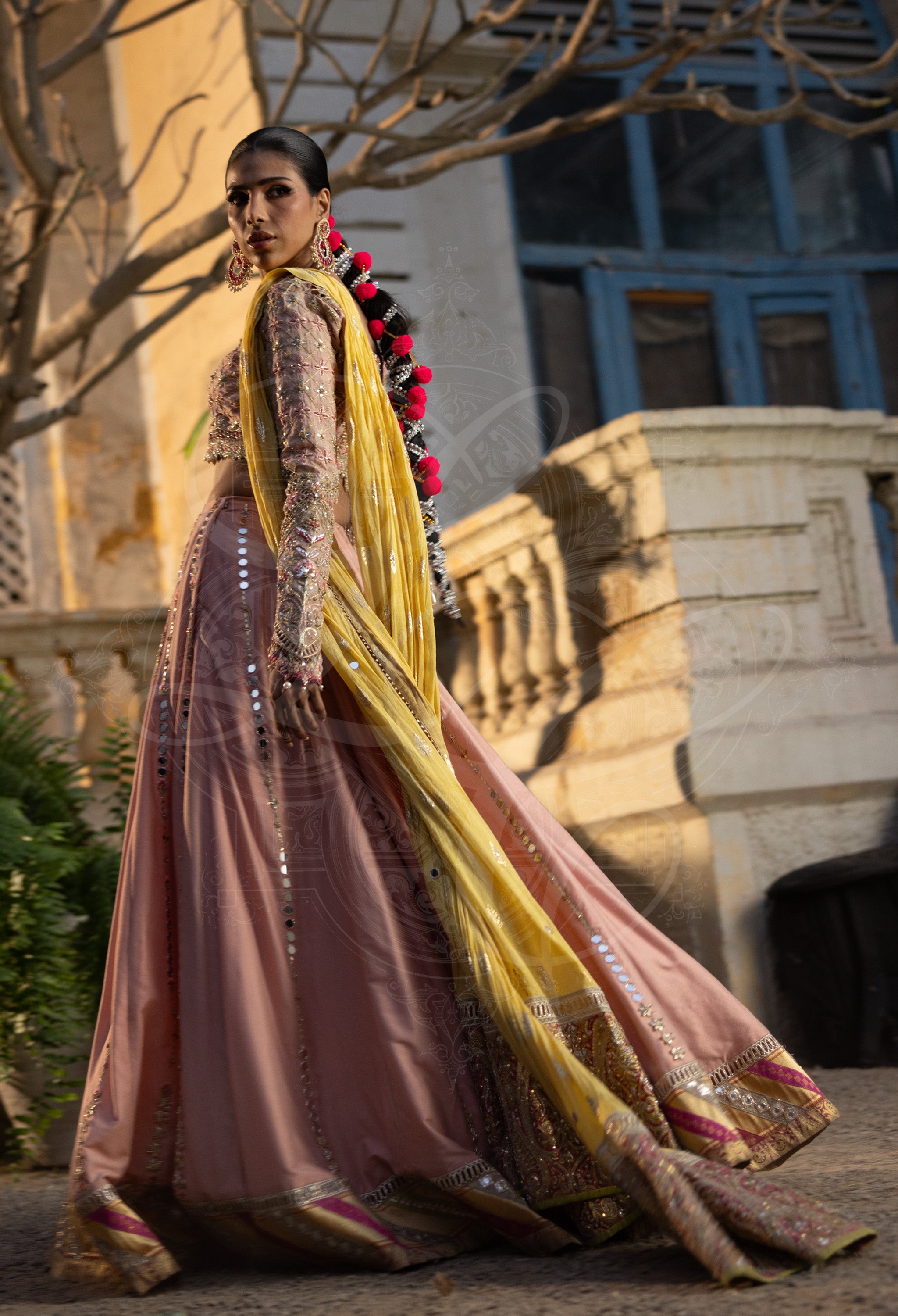 Salmon Pink & Fuchsia Lehenga Set with Mirror Work and Marori Pallou Dupatta