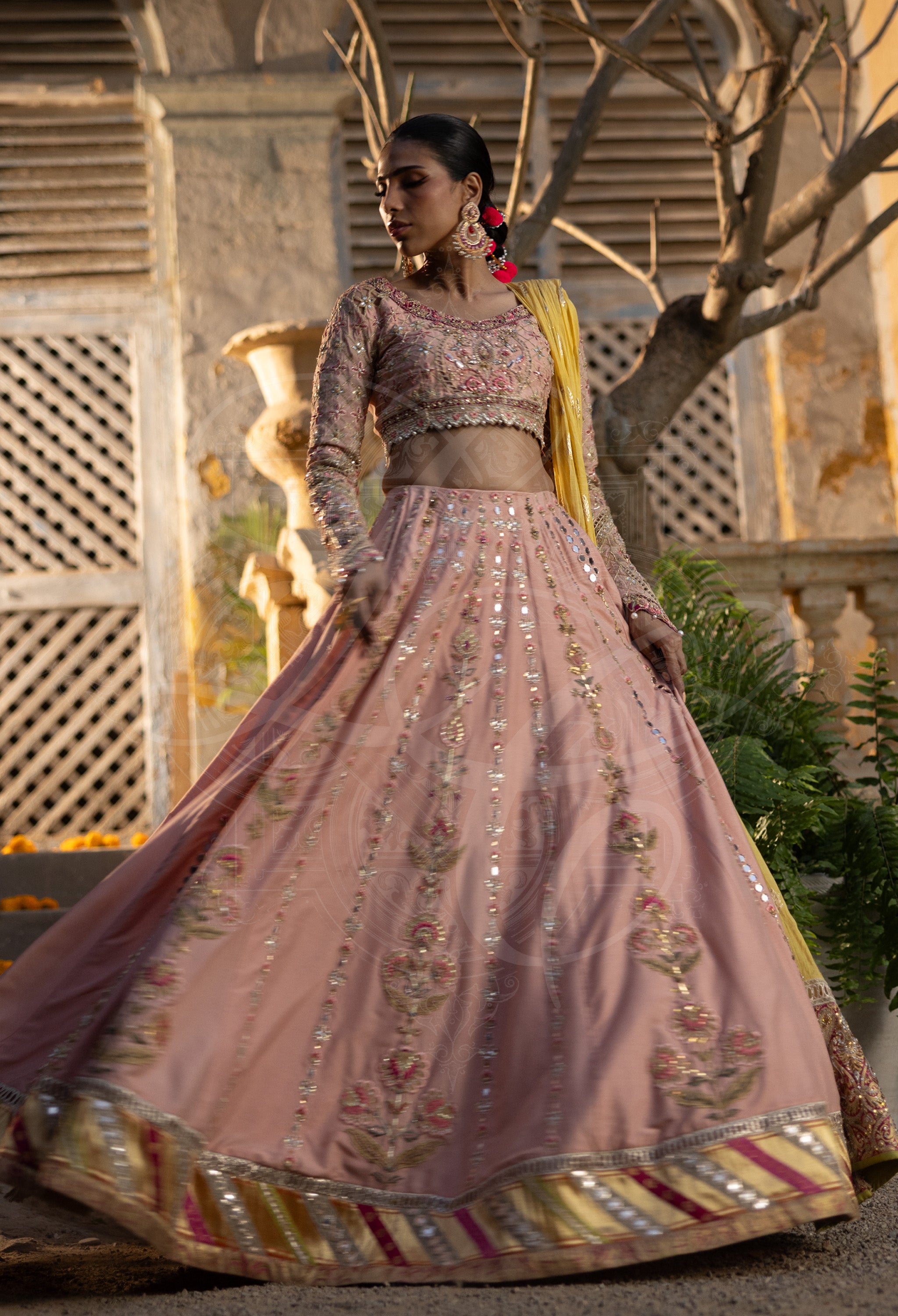 Salmon Pink & Fuchsia Lehenga Set with Mirror Work and Marori Pallou Dupatta