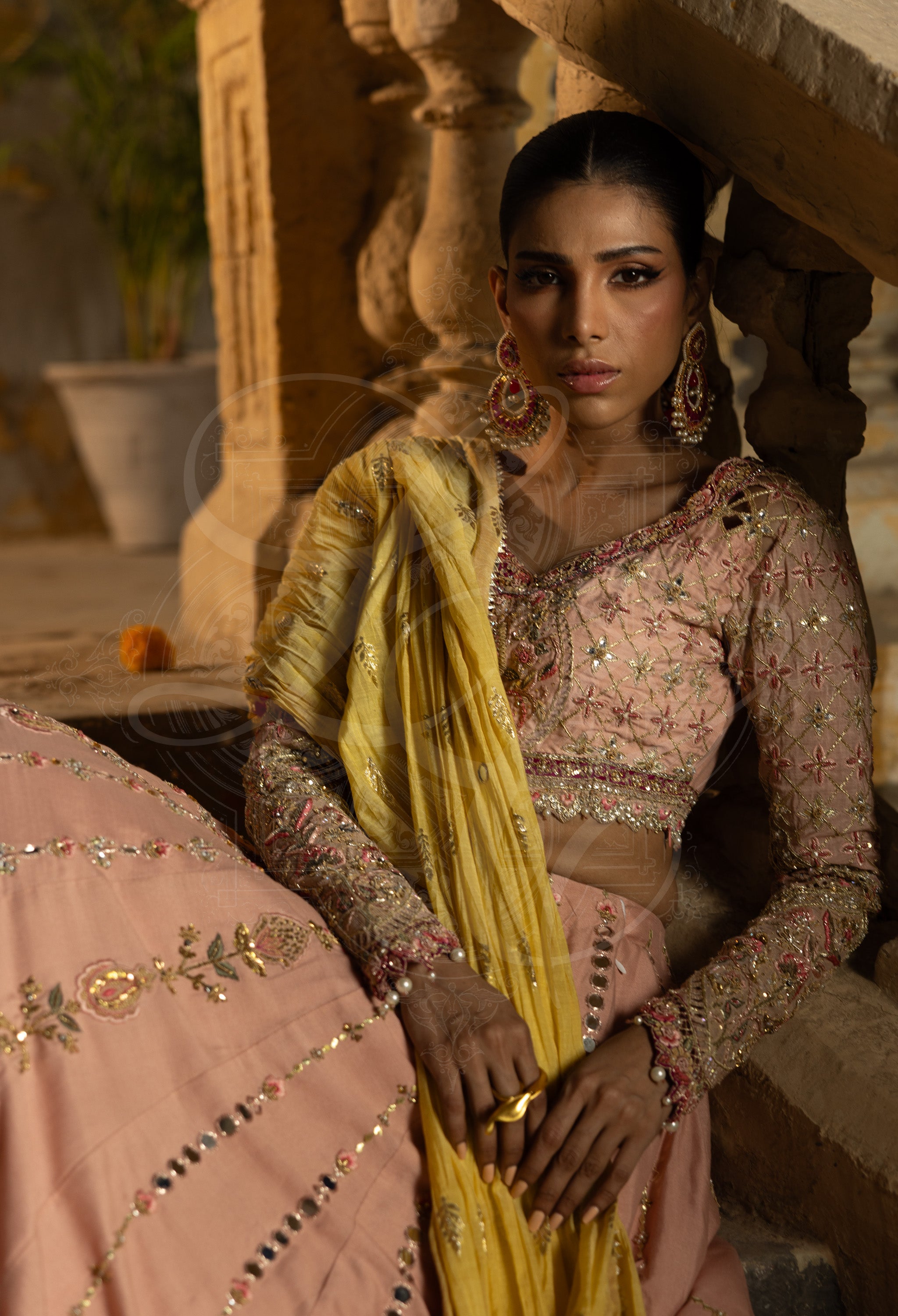 Salmon Pink & Fuchsia Lehenga Set with Mirror Work and Marori Pallou Dupatta
