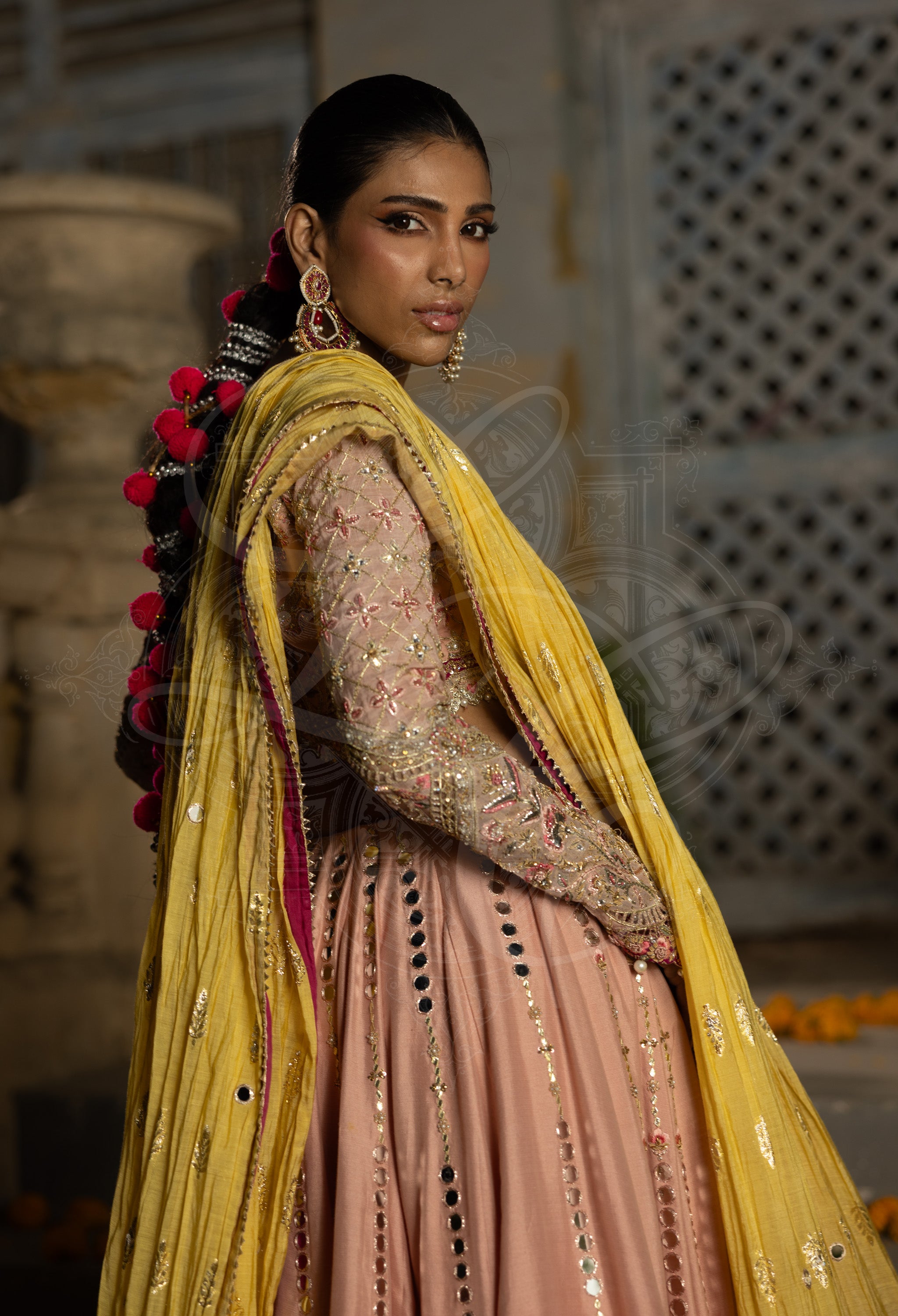 Salmon Pink & Fuchsia Lehenga Set with Mirror Work and Marori Pallou Dupatta