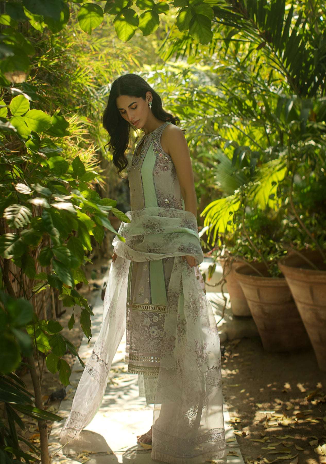 Lavender kali kurta with pants and printed dupatta