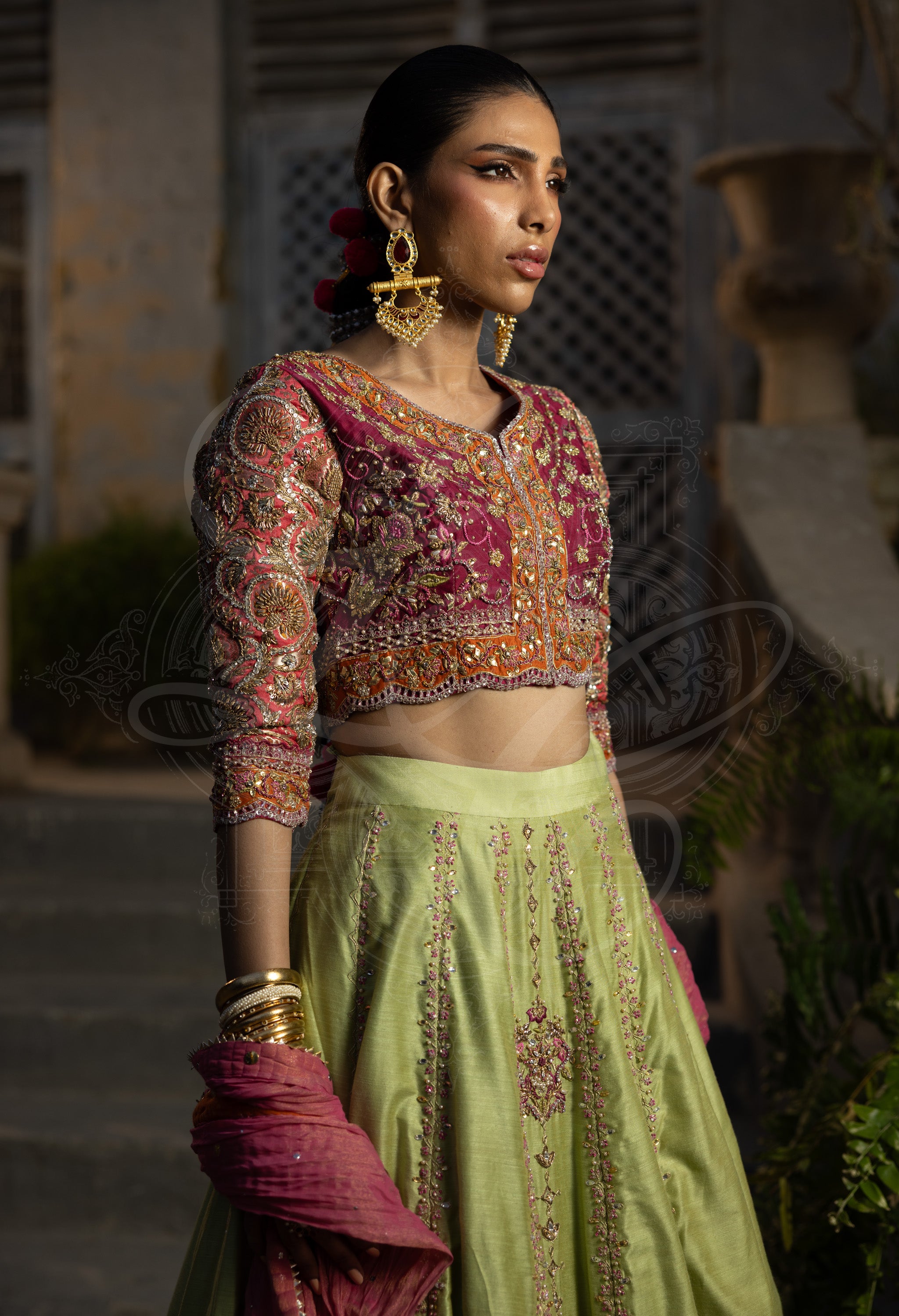 Pistachio & Magenta Lehenga Set with Marori Work Dupatta