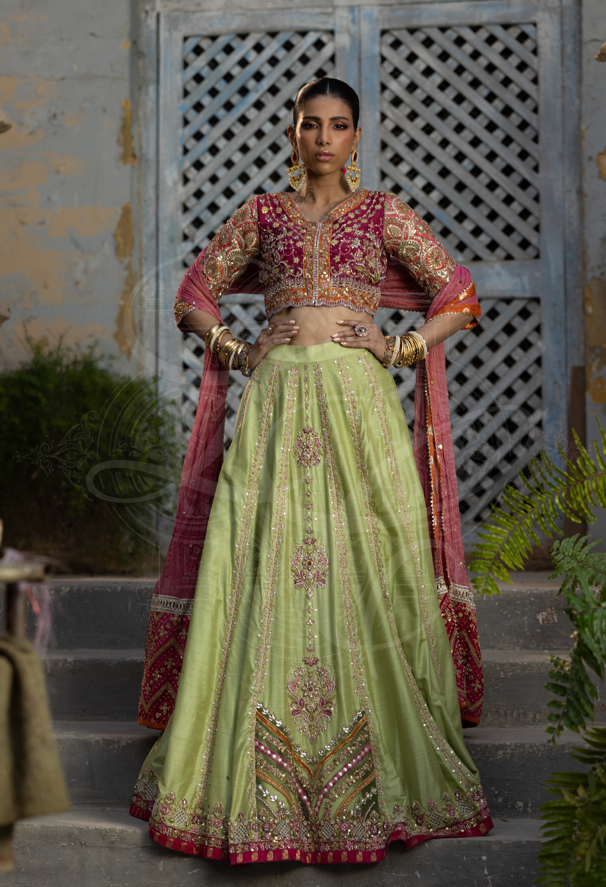Pistachio & Magenta Lehenga Set with Marori Work Dupatta