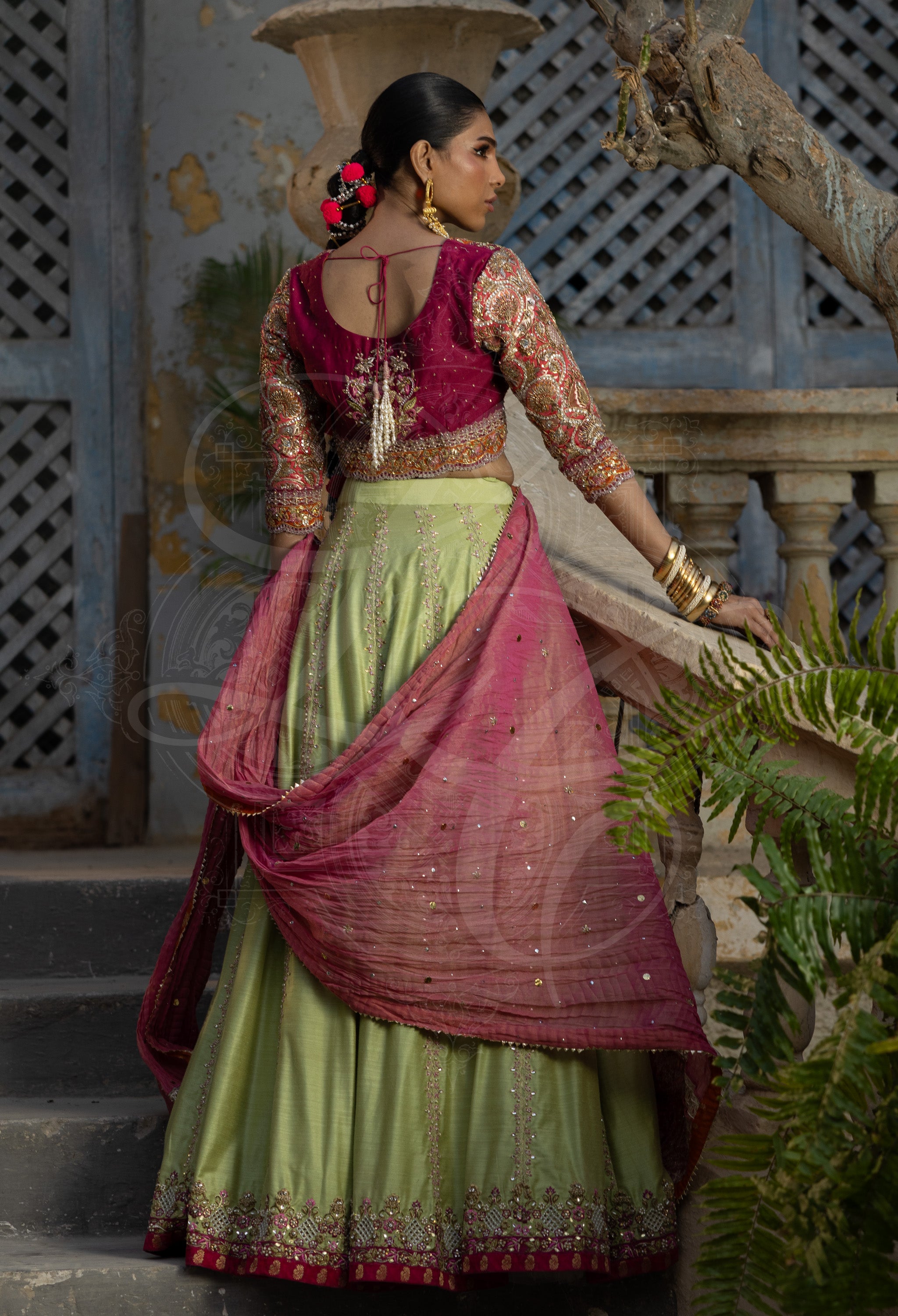 Pistachio & Magenta Lehenga Set with Marori Work Dupatta