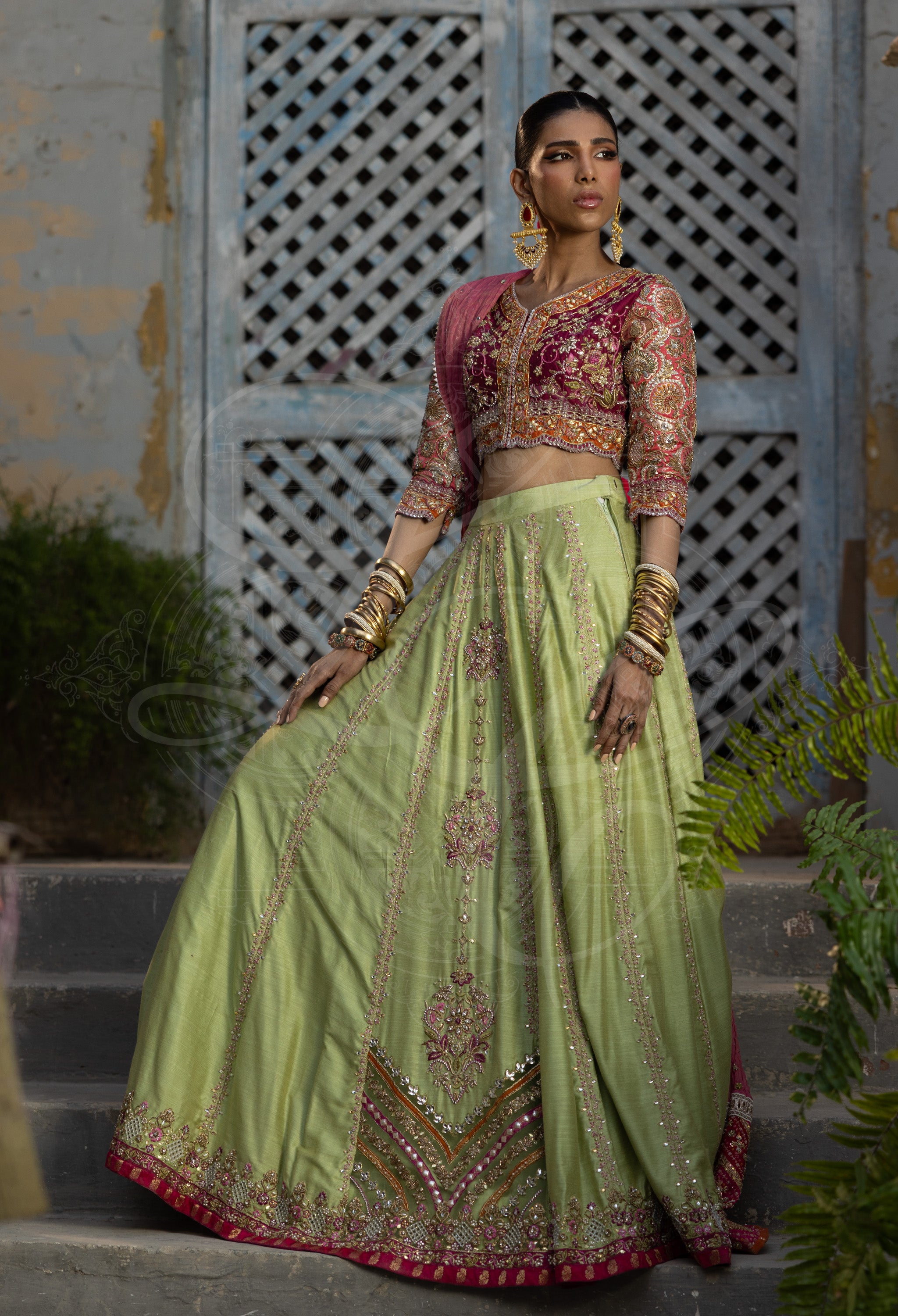 Pistachio & Magenta Lehenga Set with Marori Work Dupatta