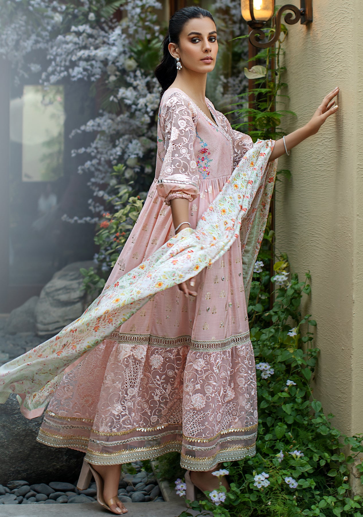 PEACH ANGRAKHA WITH PANTS AND PRINTED DUPATTA