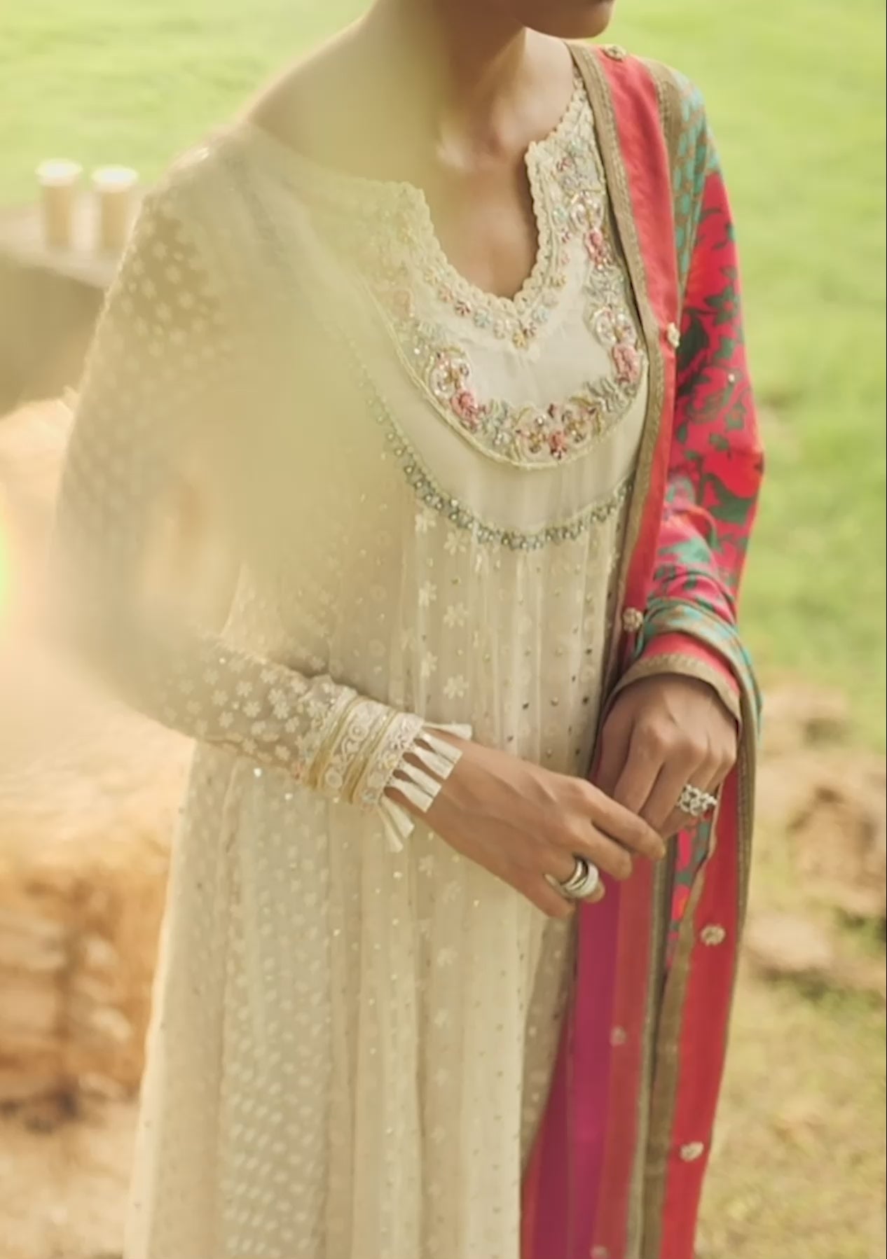 CHIKANKARI OFF WHITE PESHWAS WITH CHURIDAR AND PRINTED DUPATTA