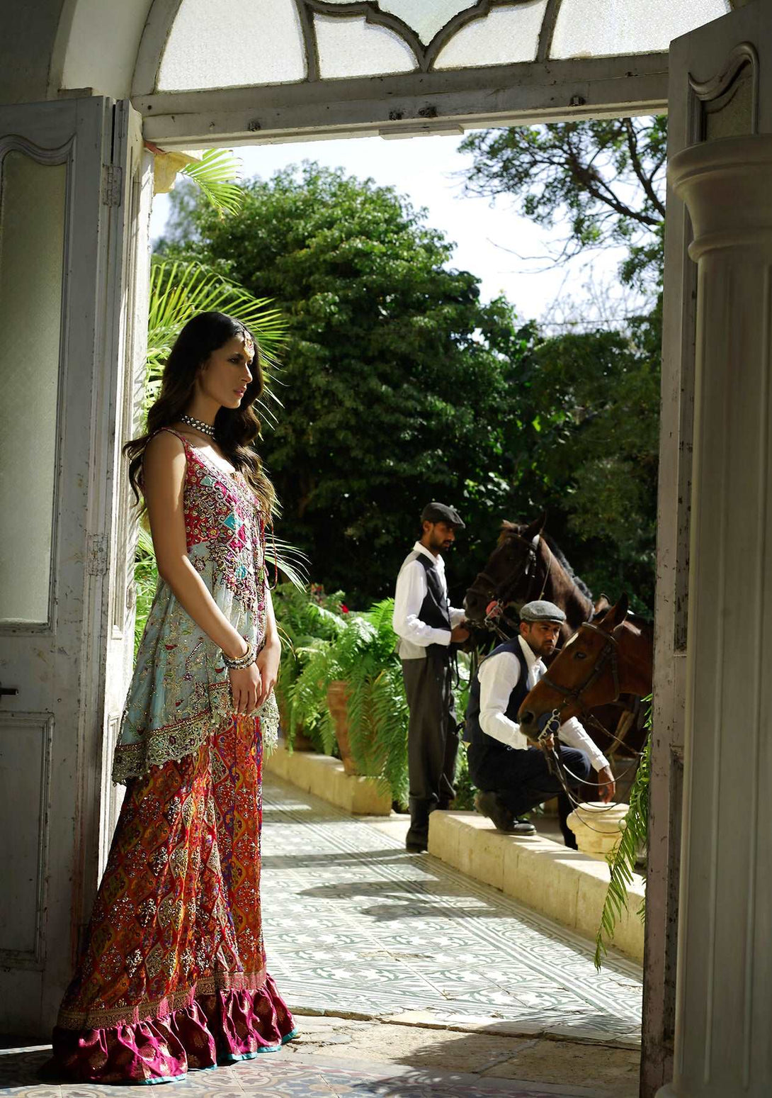 Mint over lap peplum top with printed gharara and dupatta