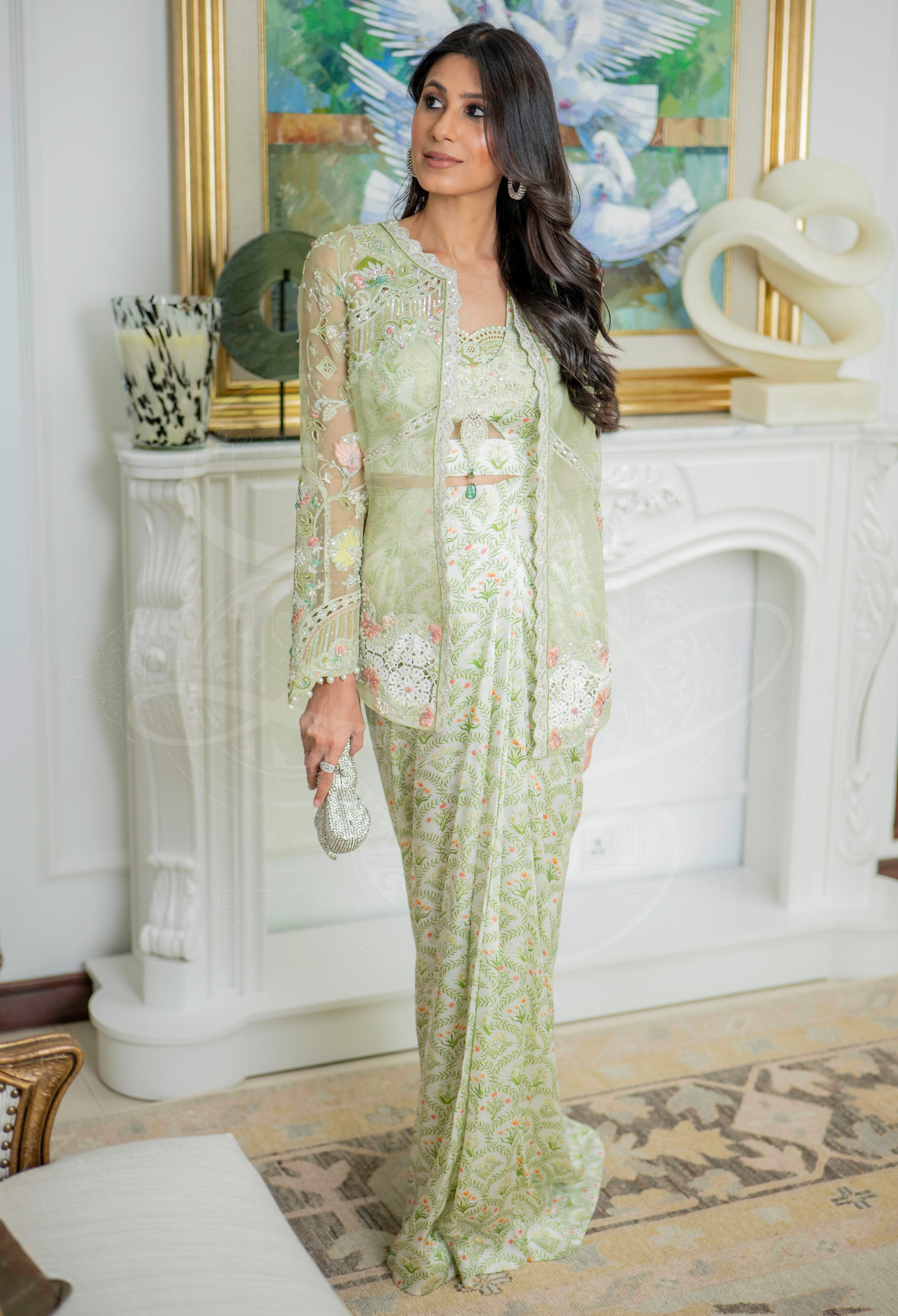 Elara Pistachio U-Hem Cutwork Saree Set