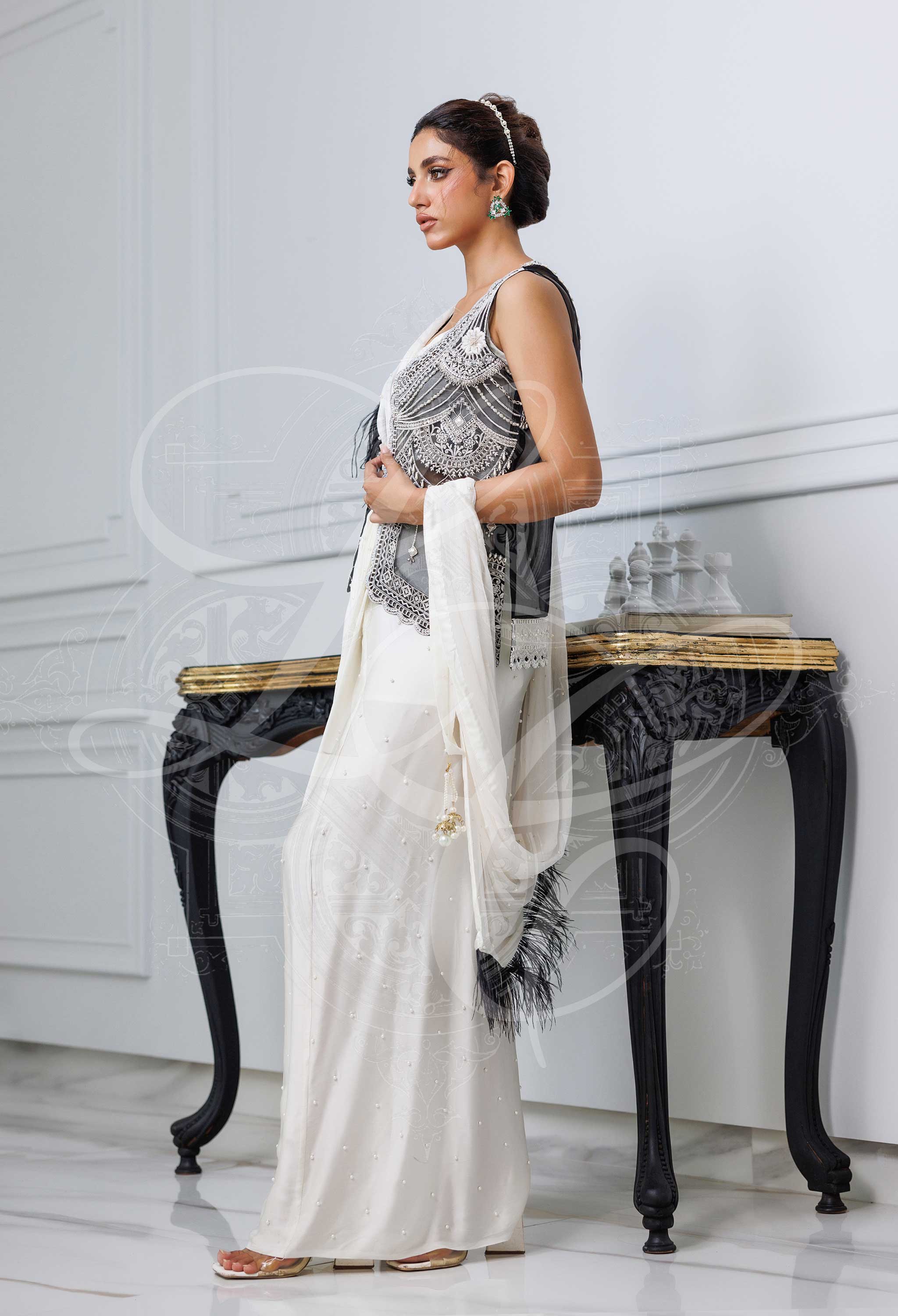 Black & White Saree With Embellished Coat & Camisole