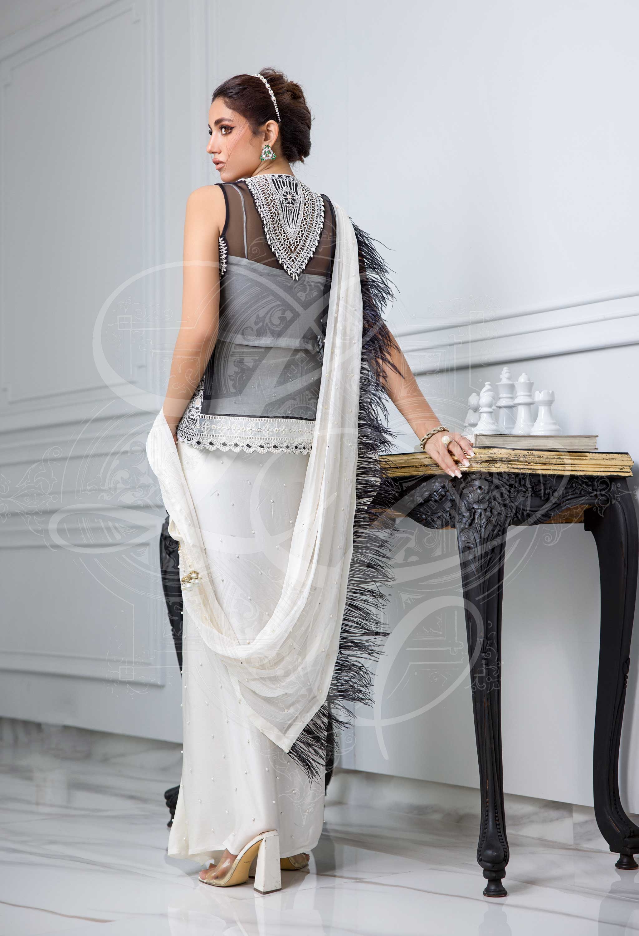 Black & White Saree With Embellished Coat & Camisole