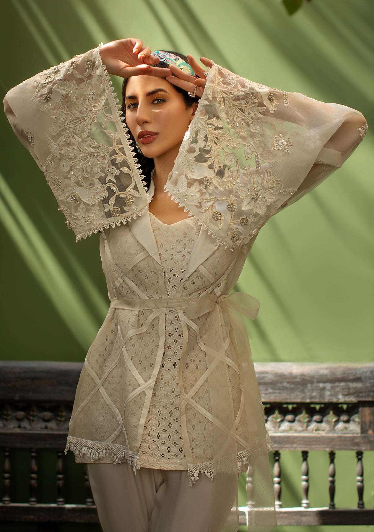 Ivory short jacket with cami and gharara