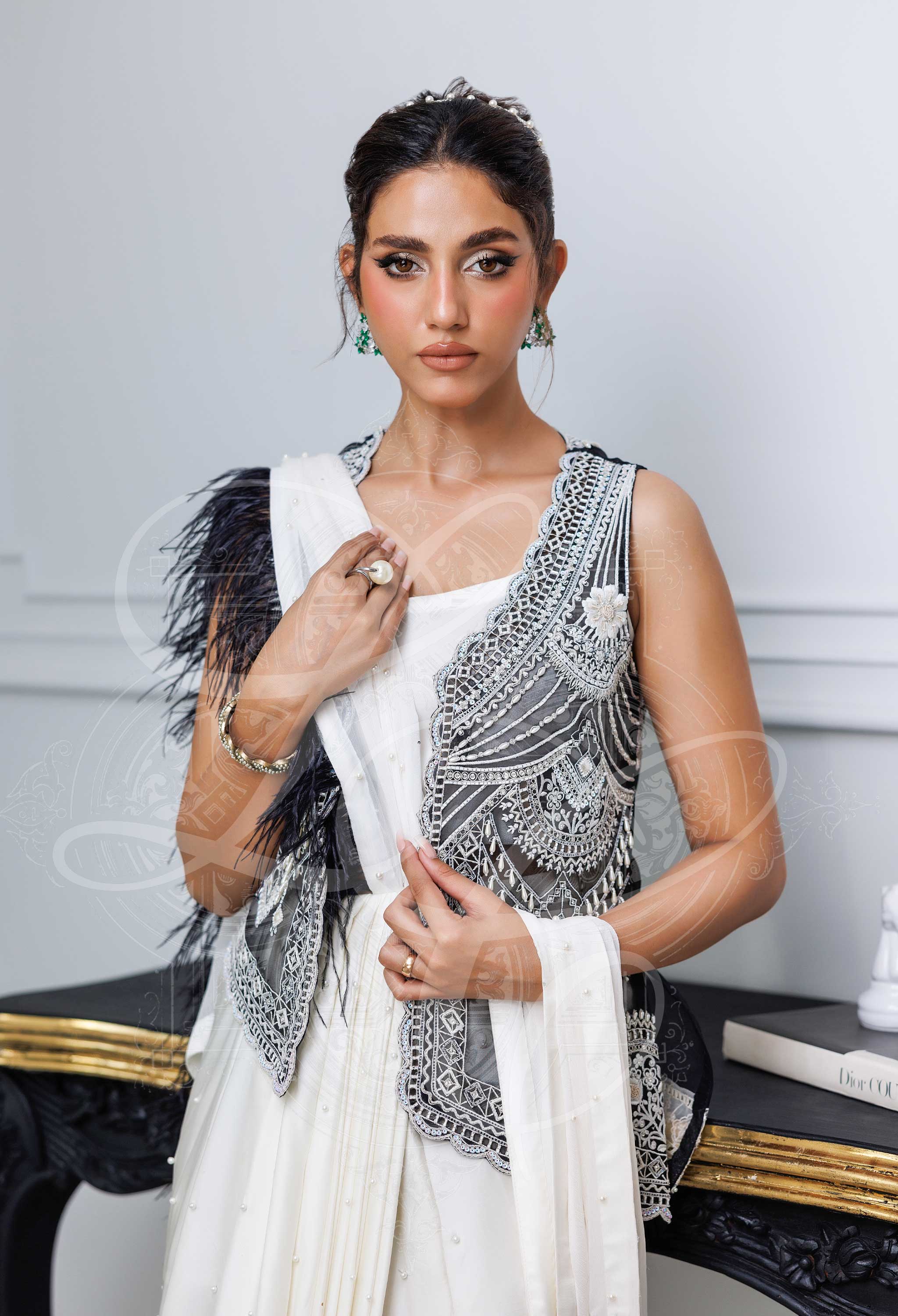 Black & White Saree With Embellished Coat & Camisole