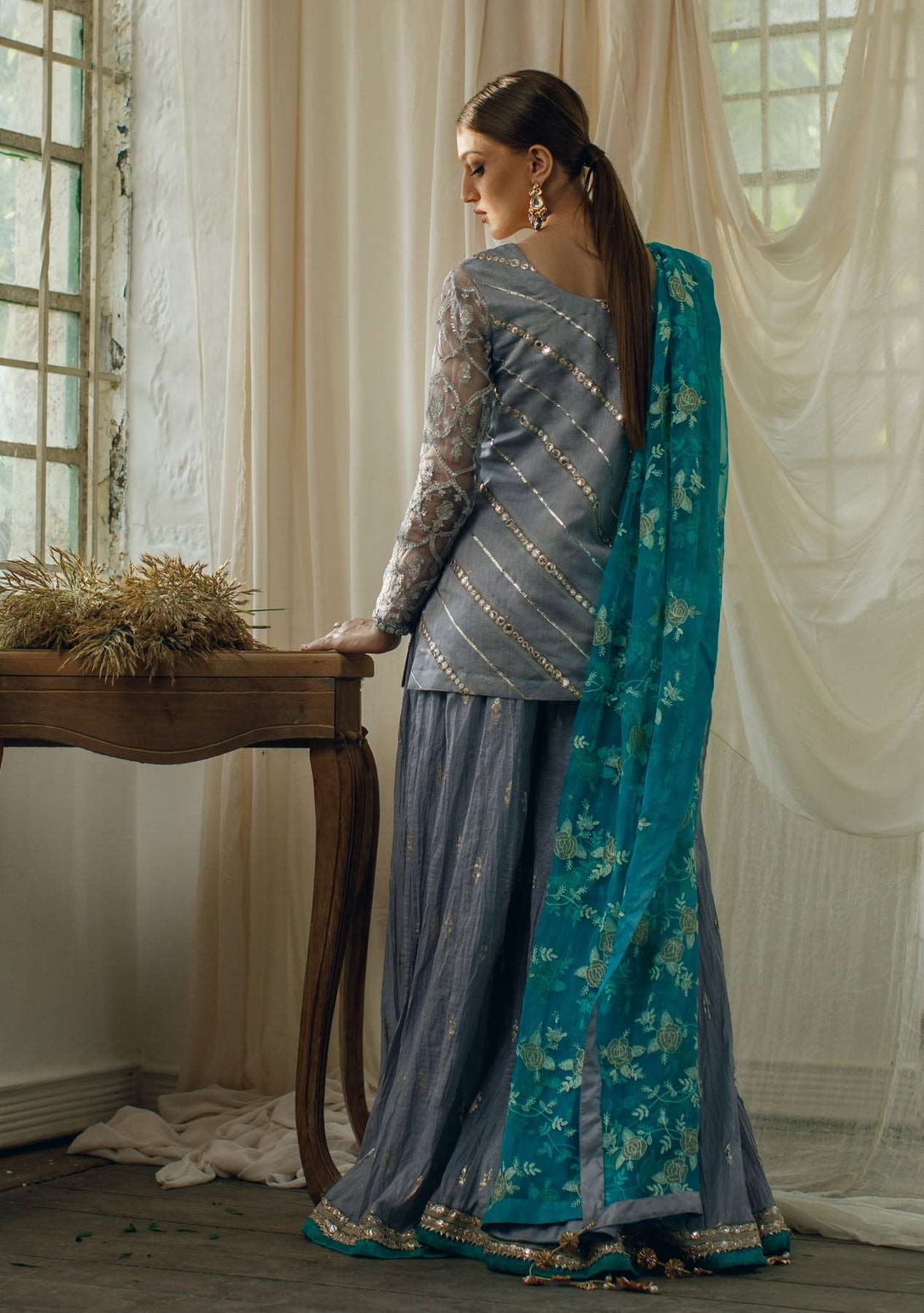 Grey short tunic and gharara set