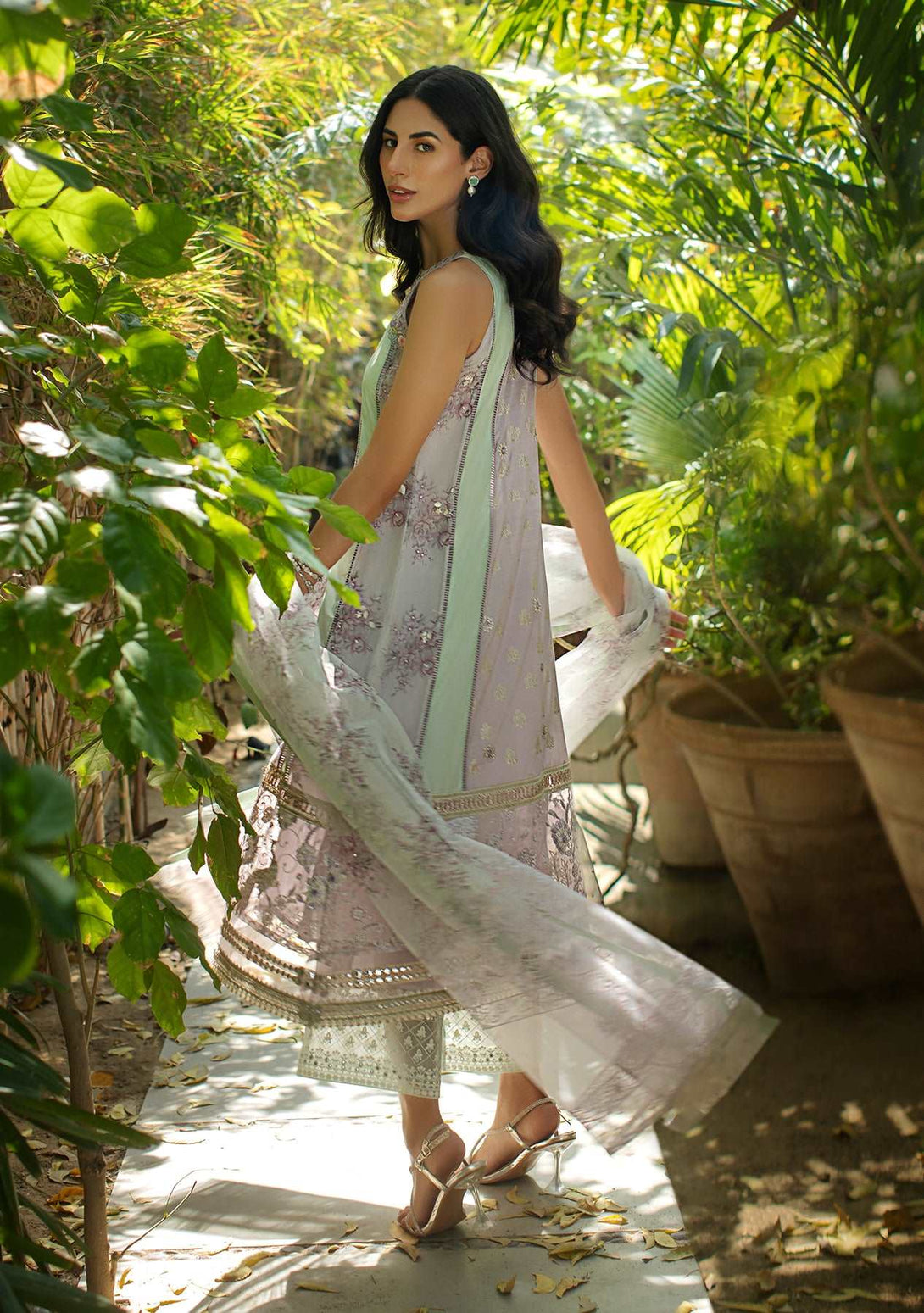 Lavender kali kurta with pants and printed dupatta