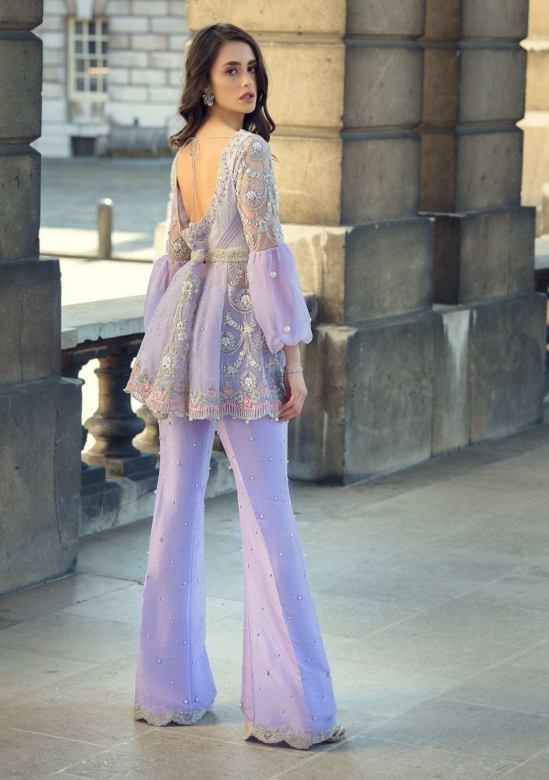 Lavender peplum top with bootcut pants