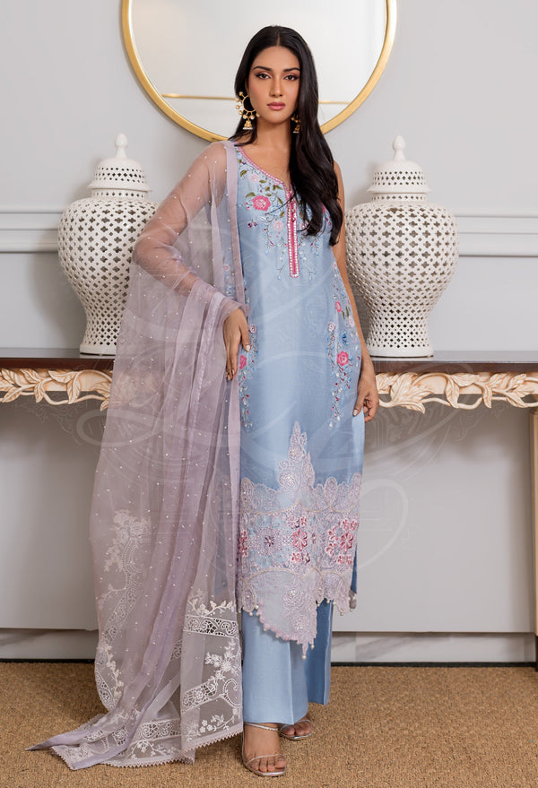 Cornflower Embroidered Shirt Set With Lavender Dupatta