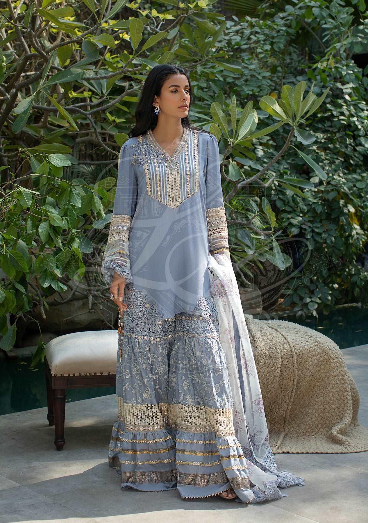 Periwinkle tunic with gharara and printed dupatta