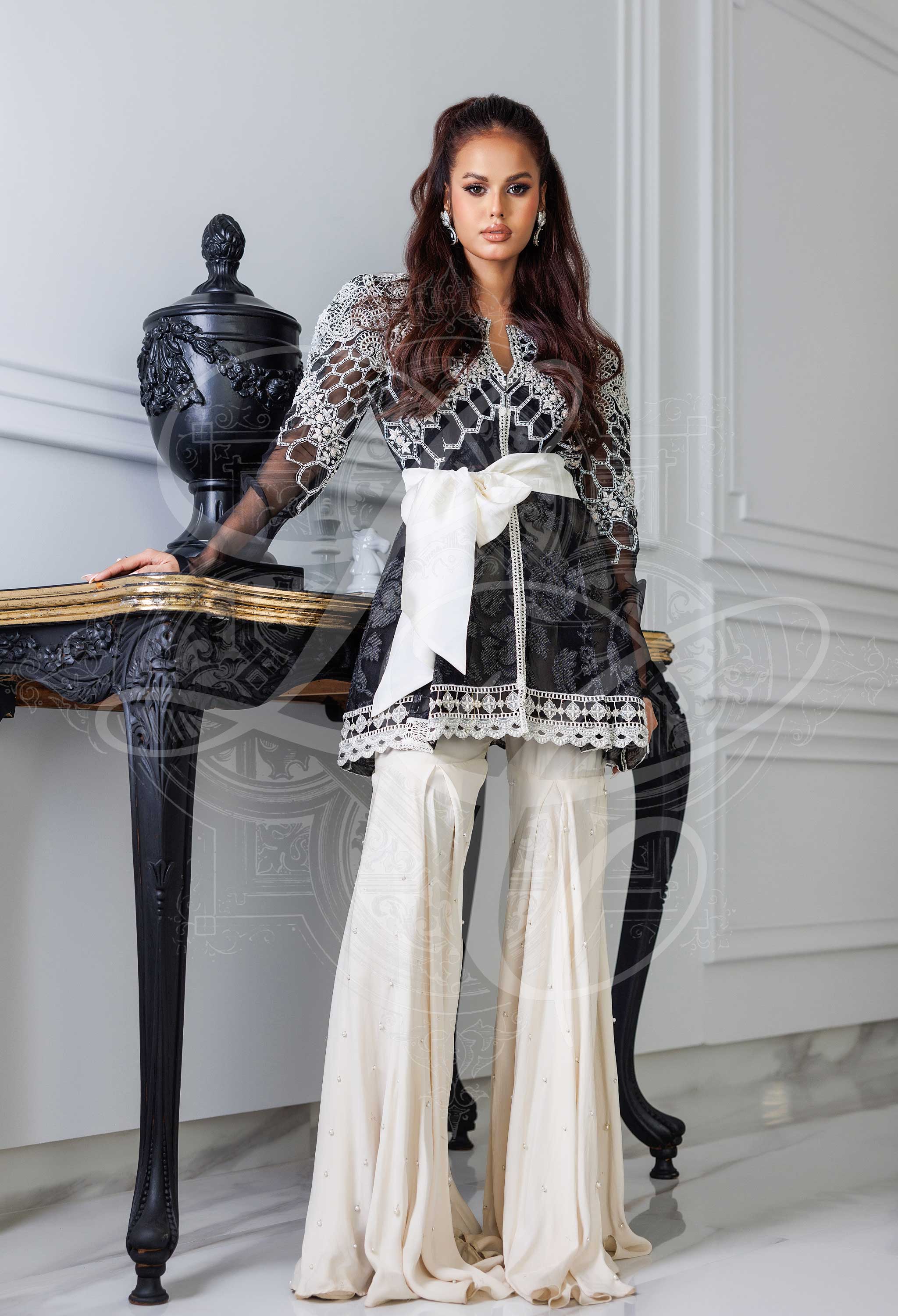 Black Peplum Coat With Pearl Chan Gharara