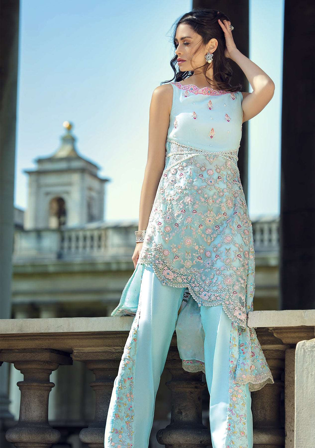 Aqua blue top with bootcut pants