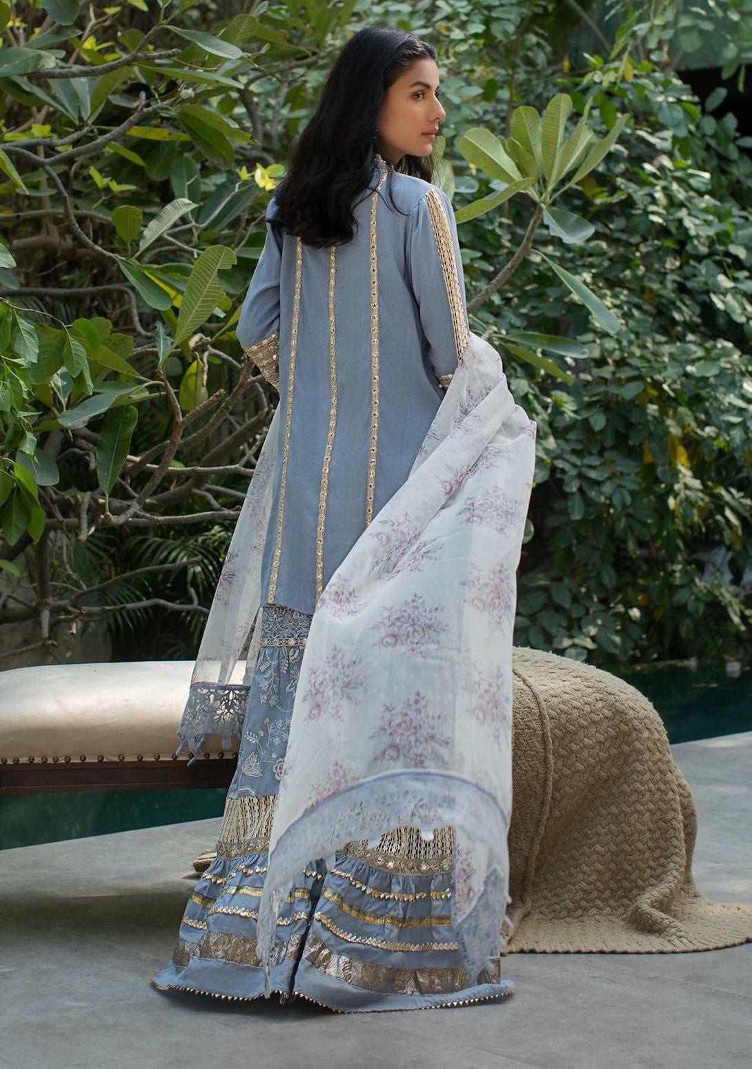 Periwinkle tunic with gharara and printed dupatta