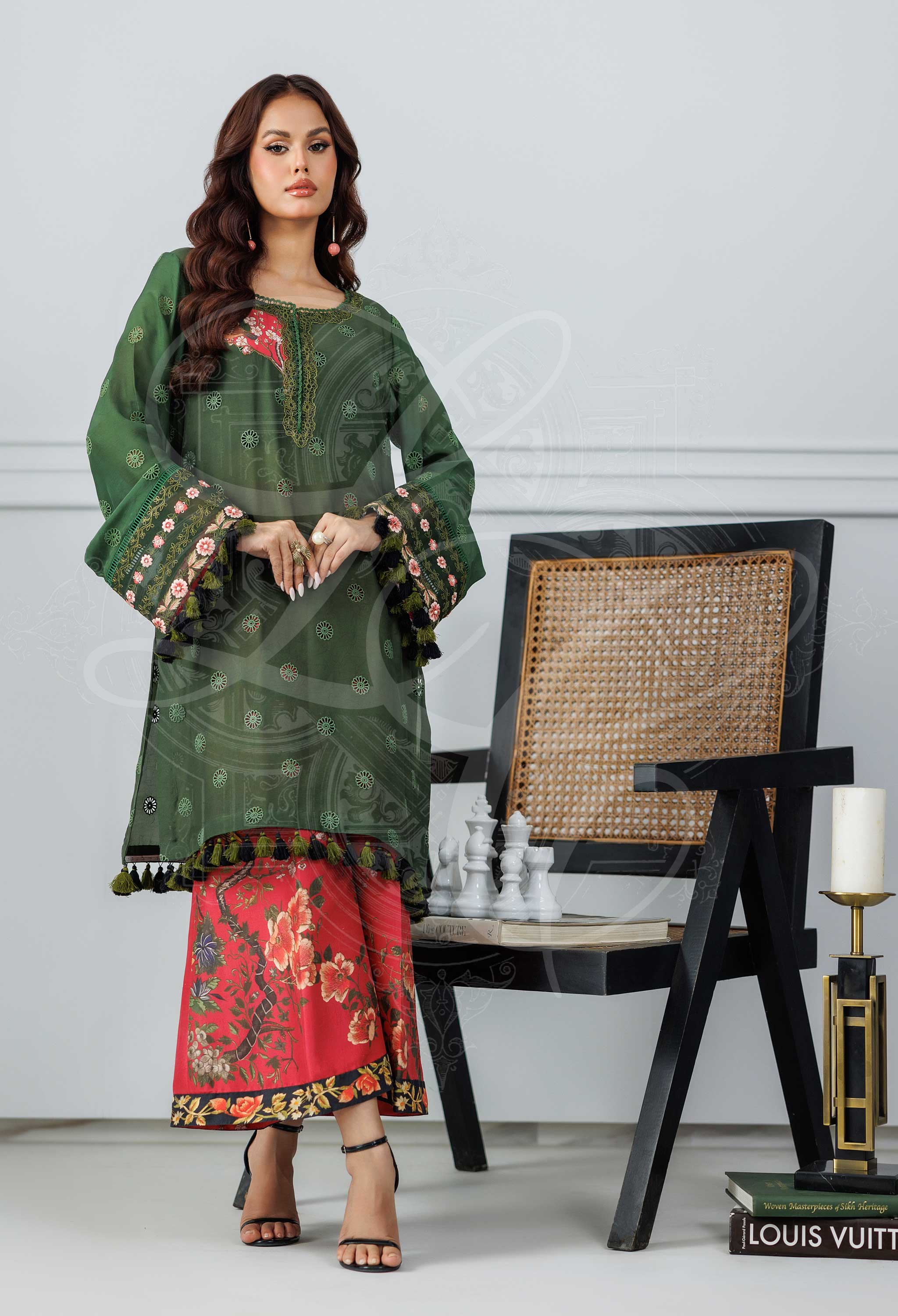 Olive Green Polka Dotted Kameez With Printed Izaar