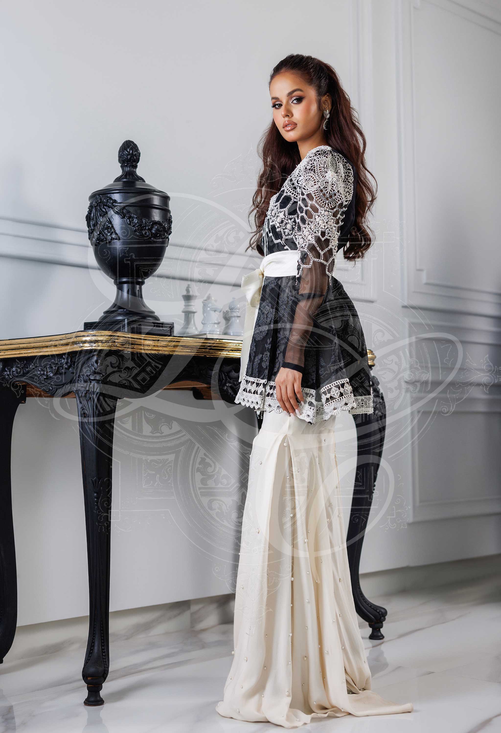 Black Peplum Coat With Pearl Chan Gharara