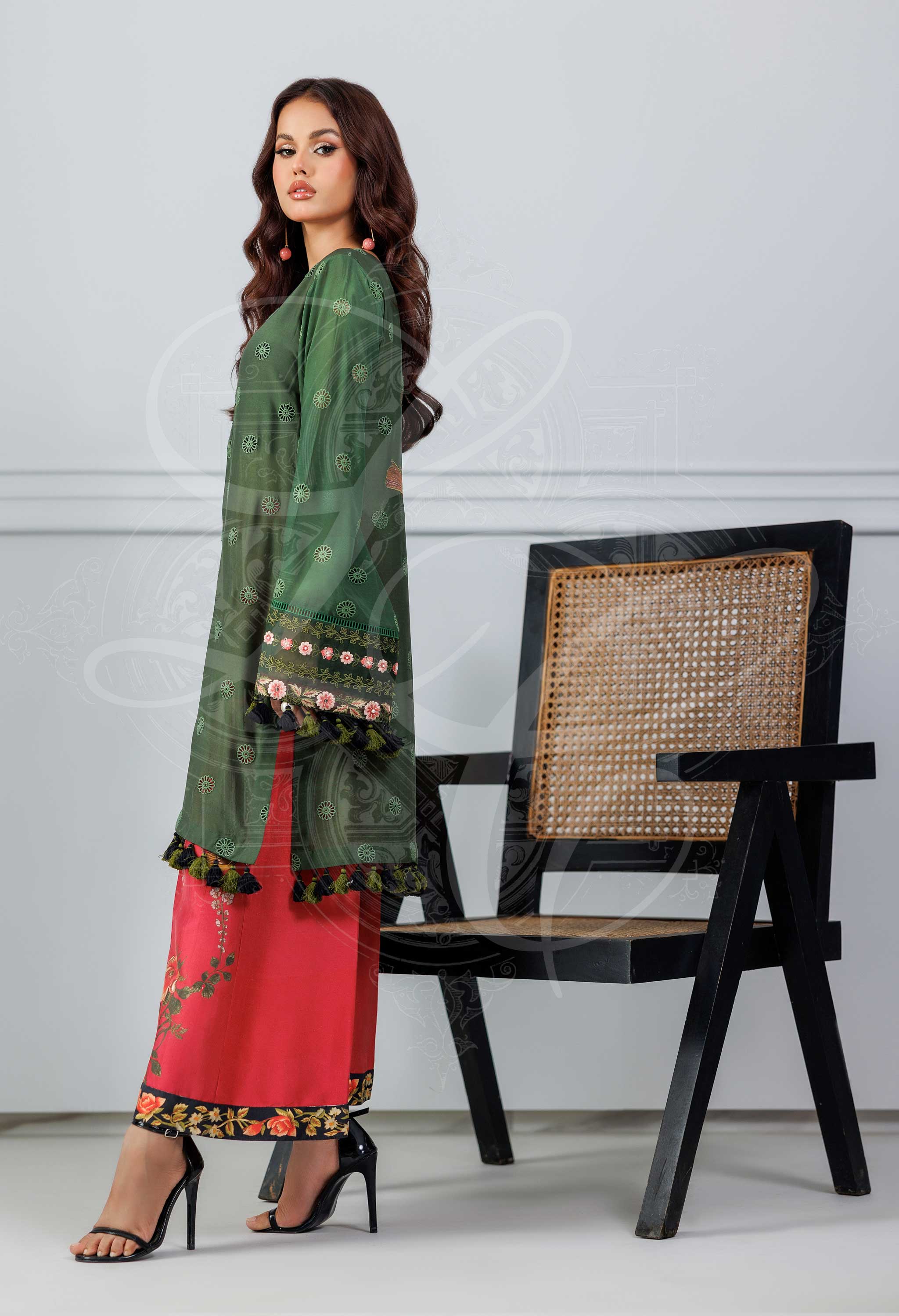 Olive Green Polka Dotted Kameez With Printed Izaar