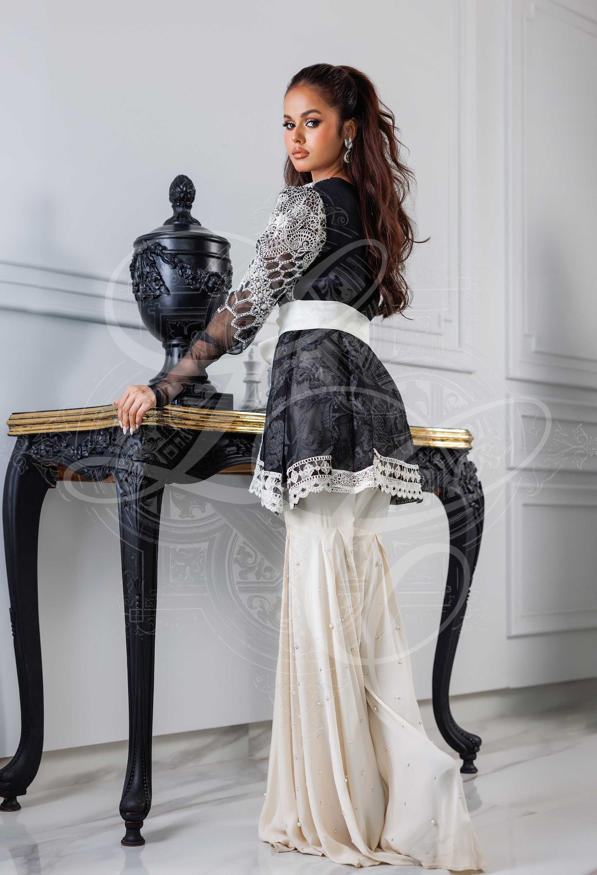 Black Peplum Coat With Pearl Chan Gharara