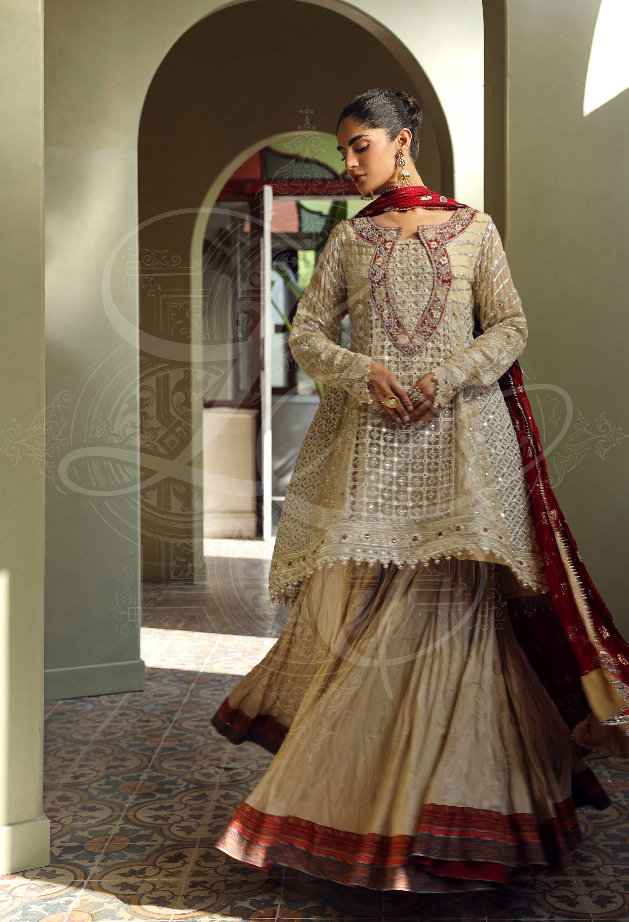 Beige Kalidar Angrakha With Crushed Gharara