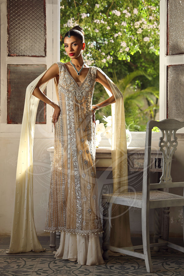 Beige Paneled Long Shirt With Gharara