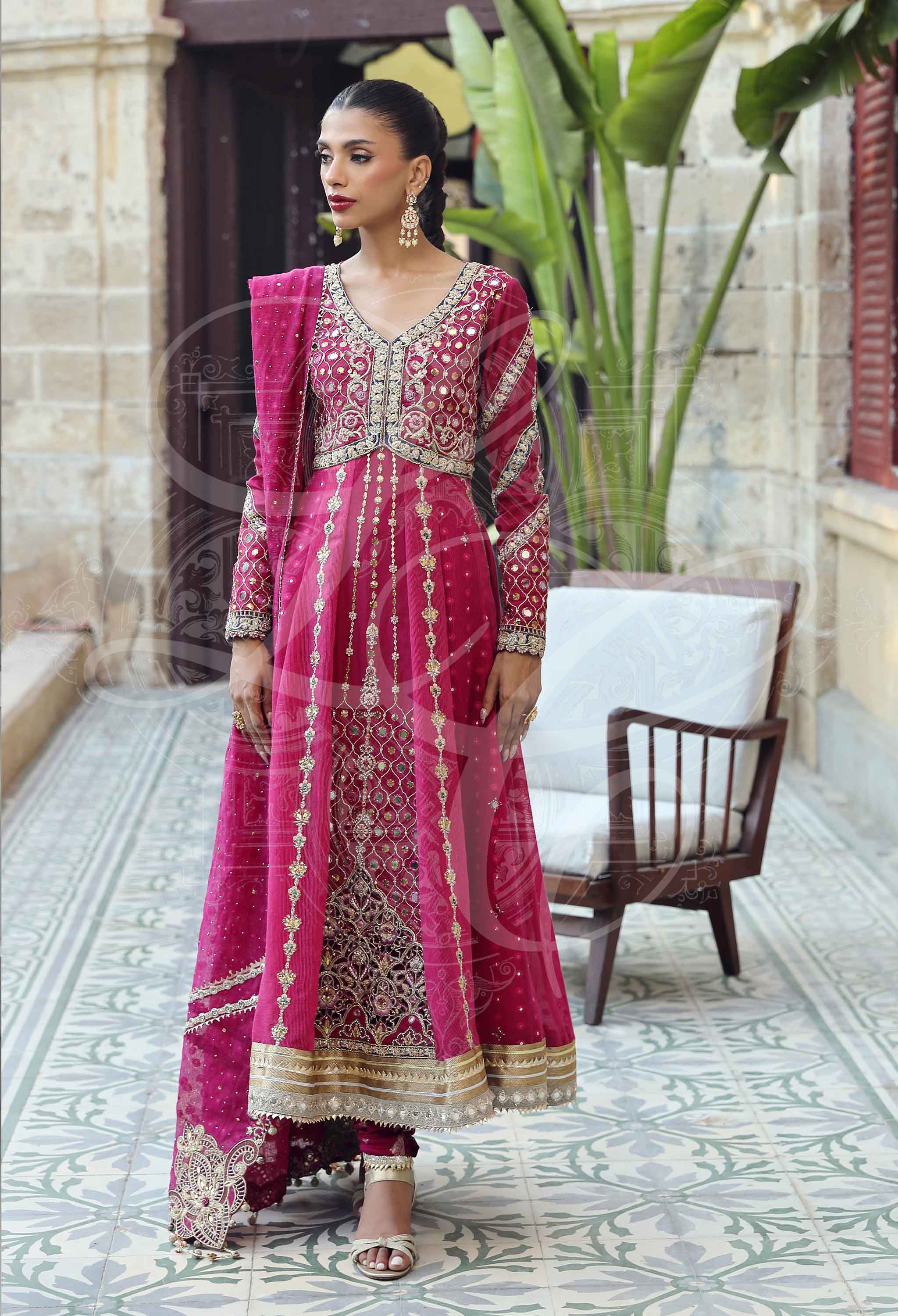 Fuchsia Angrakha With Mirror Work