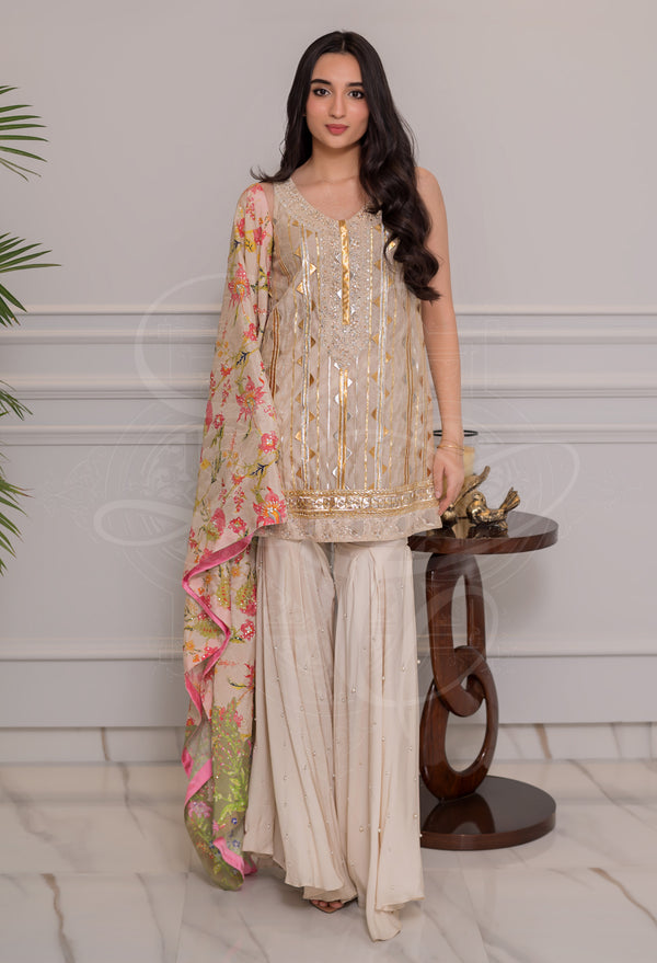 Ayla Beige Gota Tunic & Gharara Set