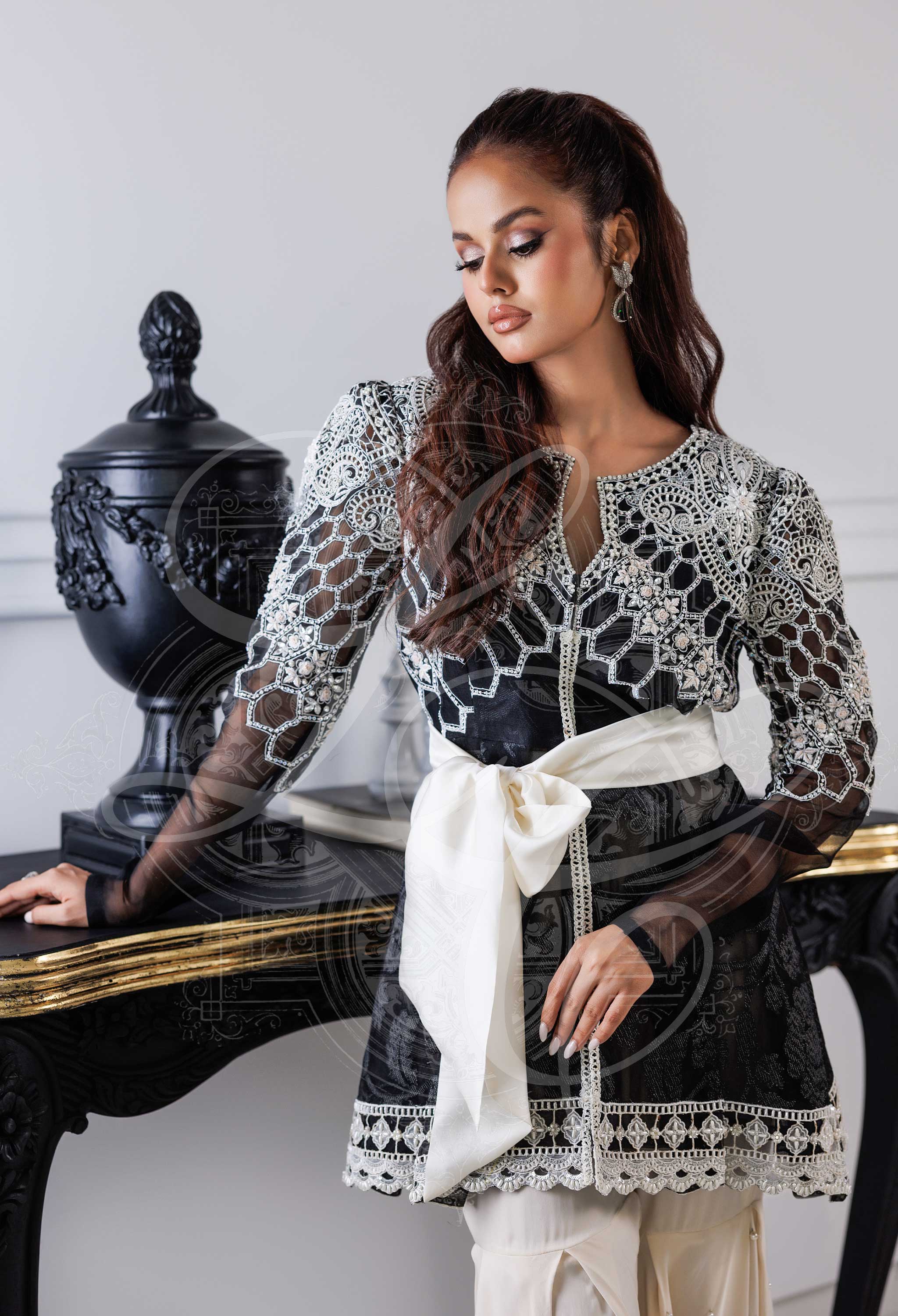 Black Peplum Coat With Pearl Chan Gharara