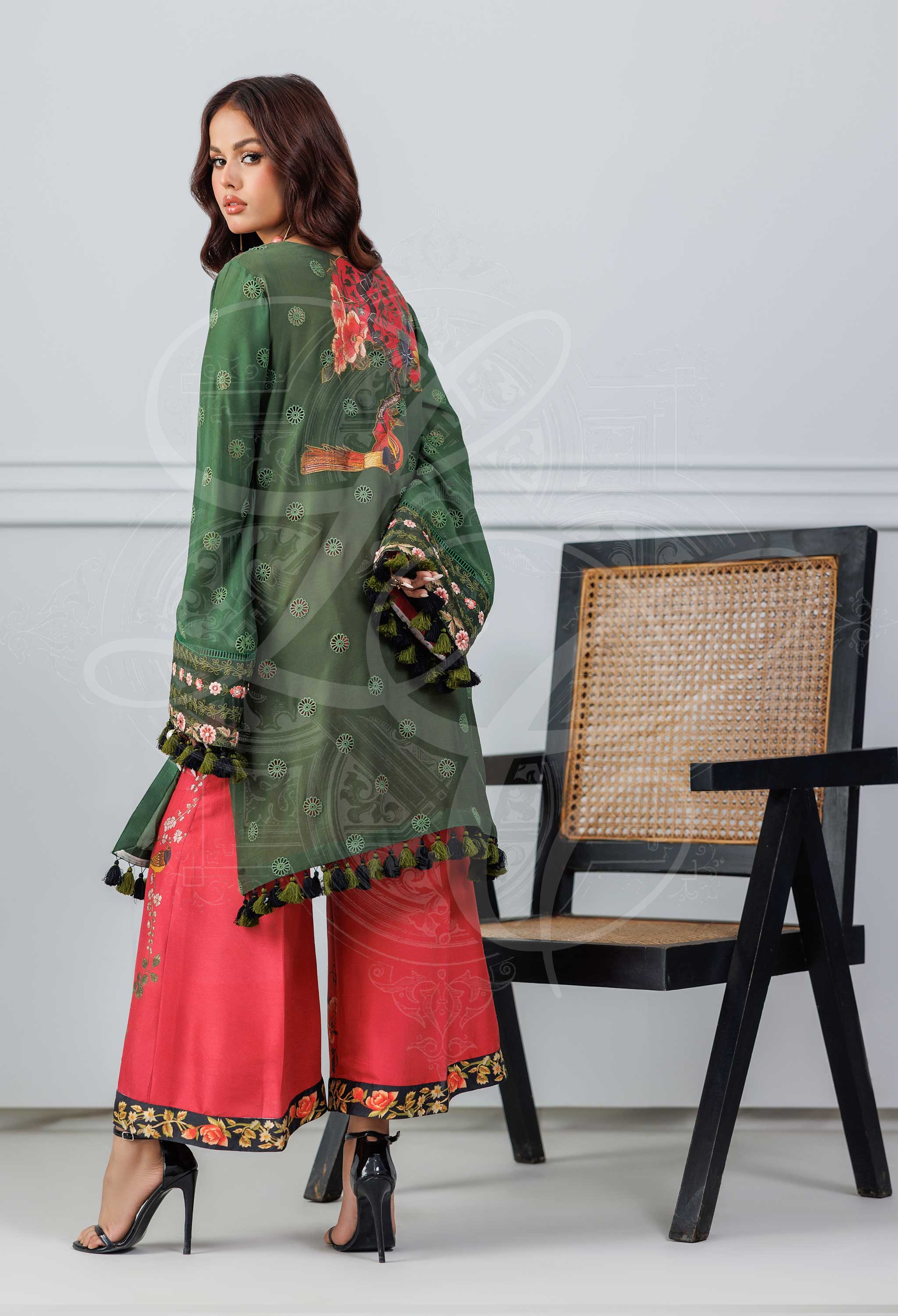 Olive Green Polka Dotted Kameez With Printed Izaar