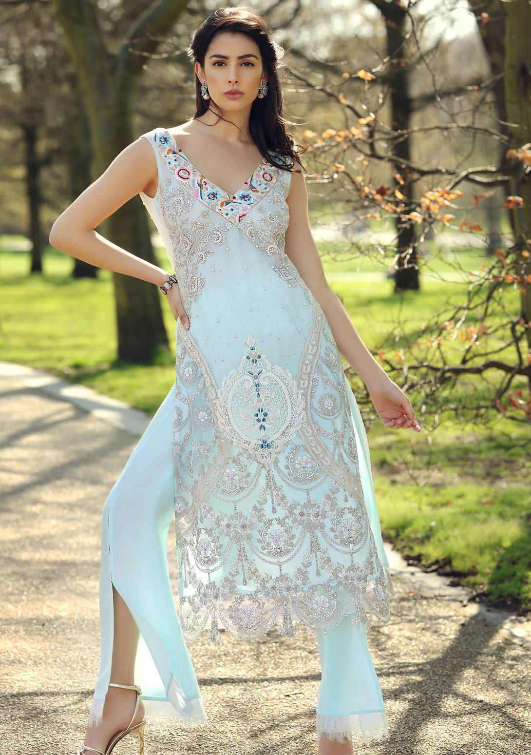 Ice blue long top with bootcut pants