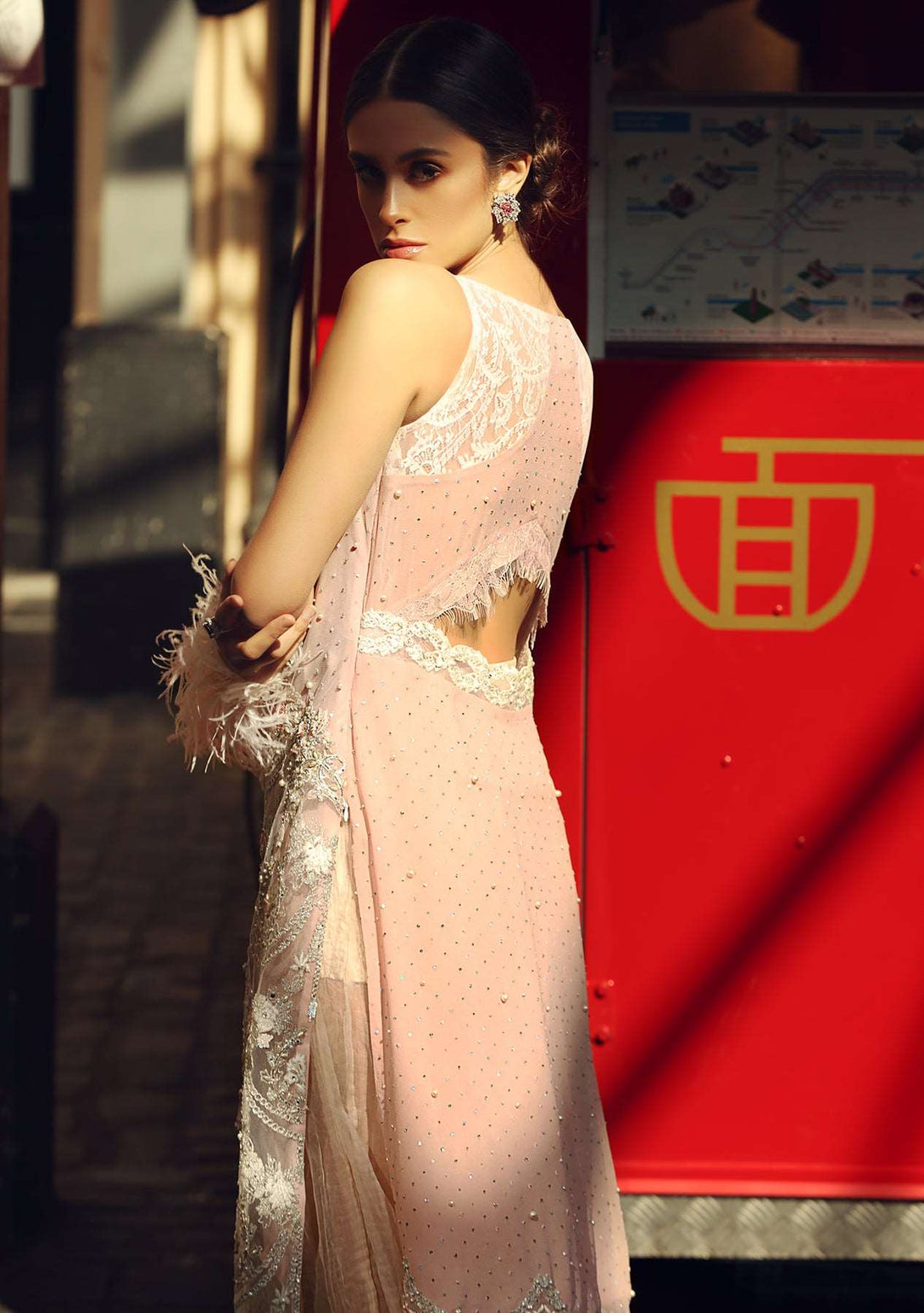 Blush pink long tunic with lehenga